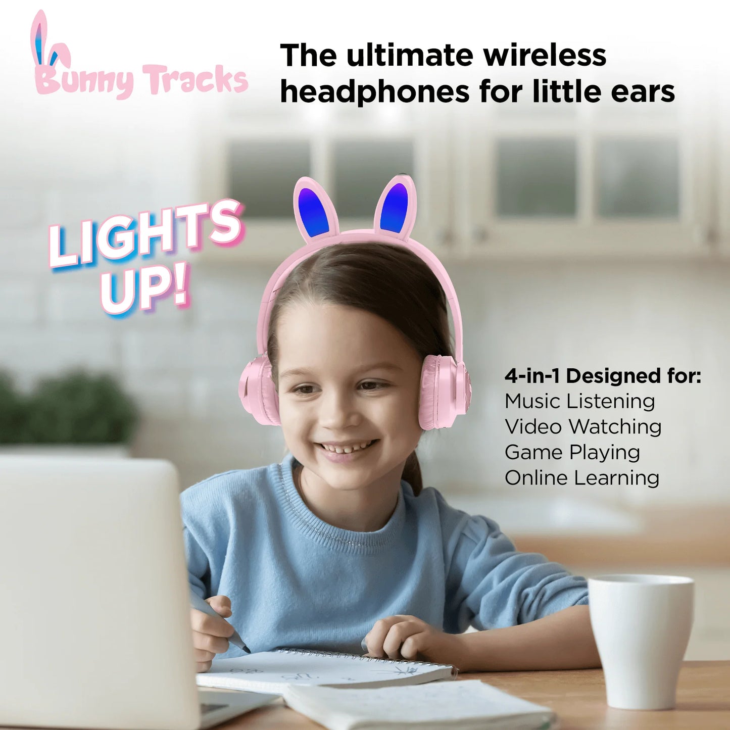 Hypergear Bunny Tracks Wireless Light-Up Headphones – Bluetooth Kids & Adult LED Headset with Mic