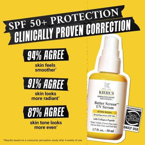 Kiehl’s Better Screen UV Serum SPF 50+ – Invisible Face Sunscreen with Collagen Peptide, UVA/UVB Protection, Anti-Aging & Radiance Boost