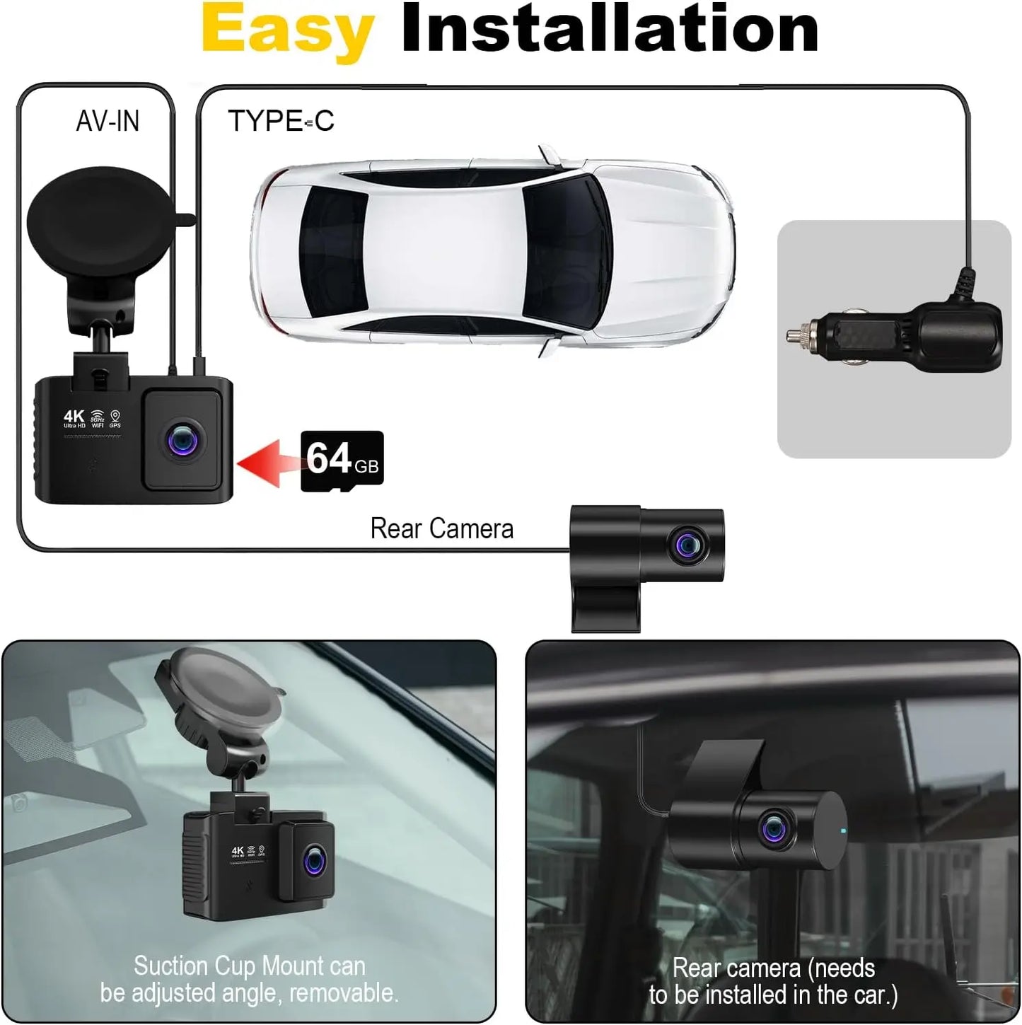 4K + 2.5K Dual Dash Cam Front and Rear – 5GHz WiFi GPS Car Camera with 64GB Card, 2.0" IPS Screen, App Control, G-Sensor, Loop Recording, Night Vision, Parking Mode, 170° Wide Angle