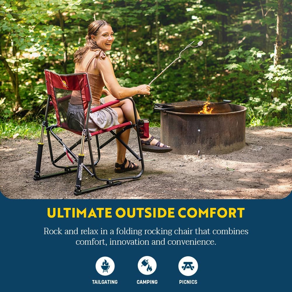 Freestyle Rocker Portable Camping Chair – Folding Rocking Chair with Durable Armrests, Drink Holder & Comfortable Backrest – Cinnamon Color