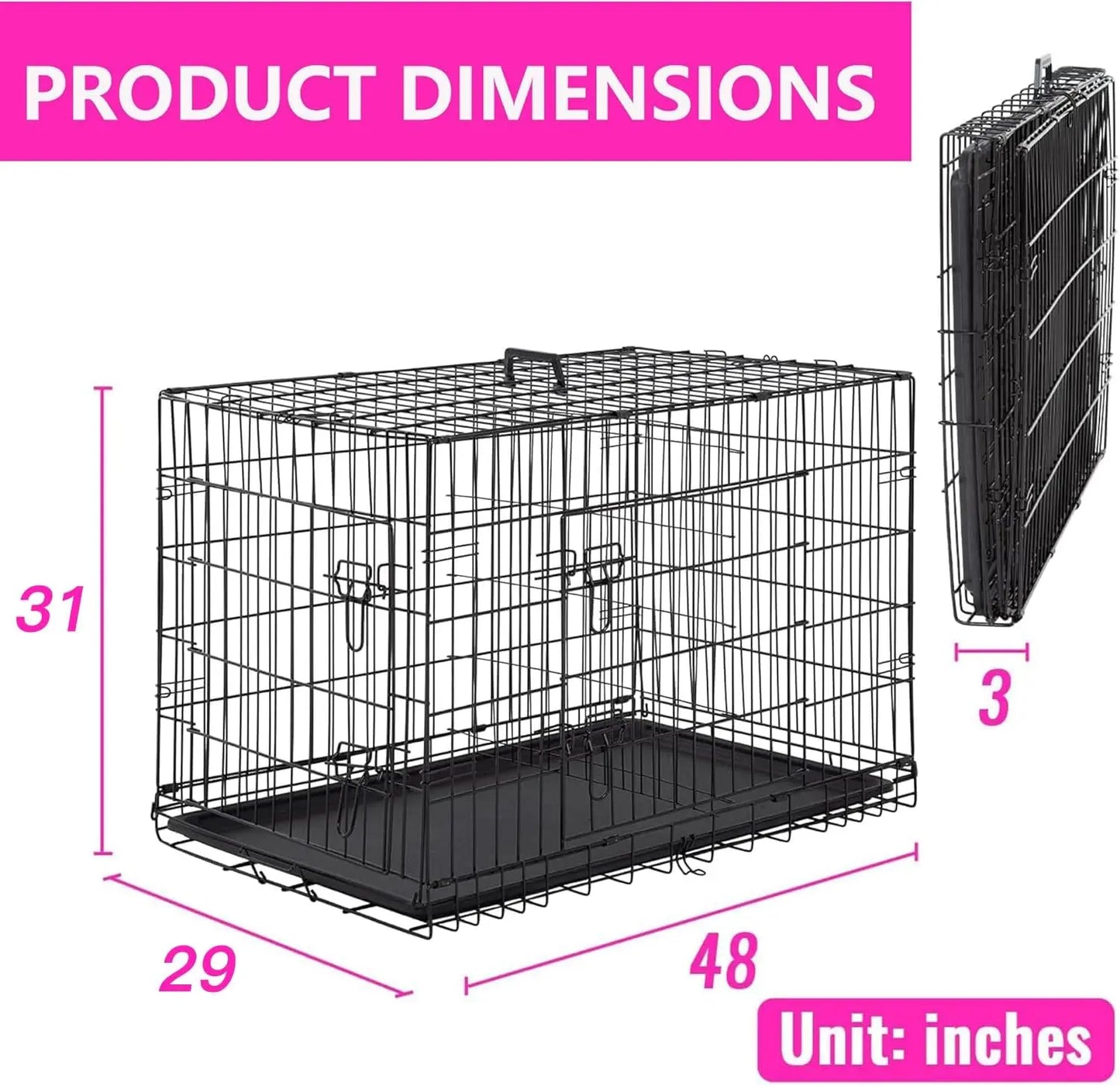 48 Inch Dog Crate for Large Dogs – Heavy-Duty Folding Metal Wire Kennel with Double Door, Divider Panel & Leak-Proof Tray, Indoor Outdoor Pet Cage, Black