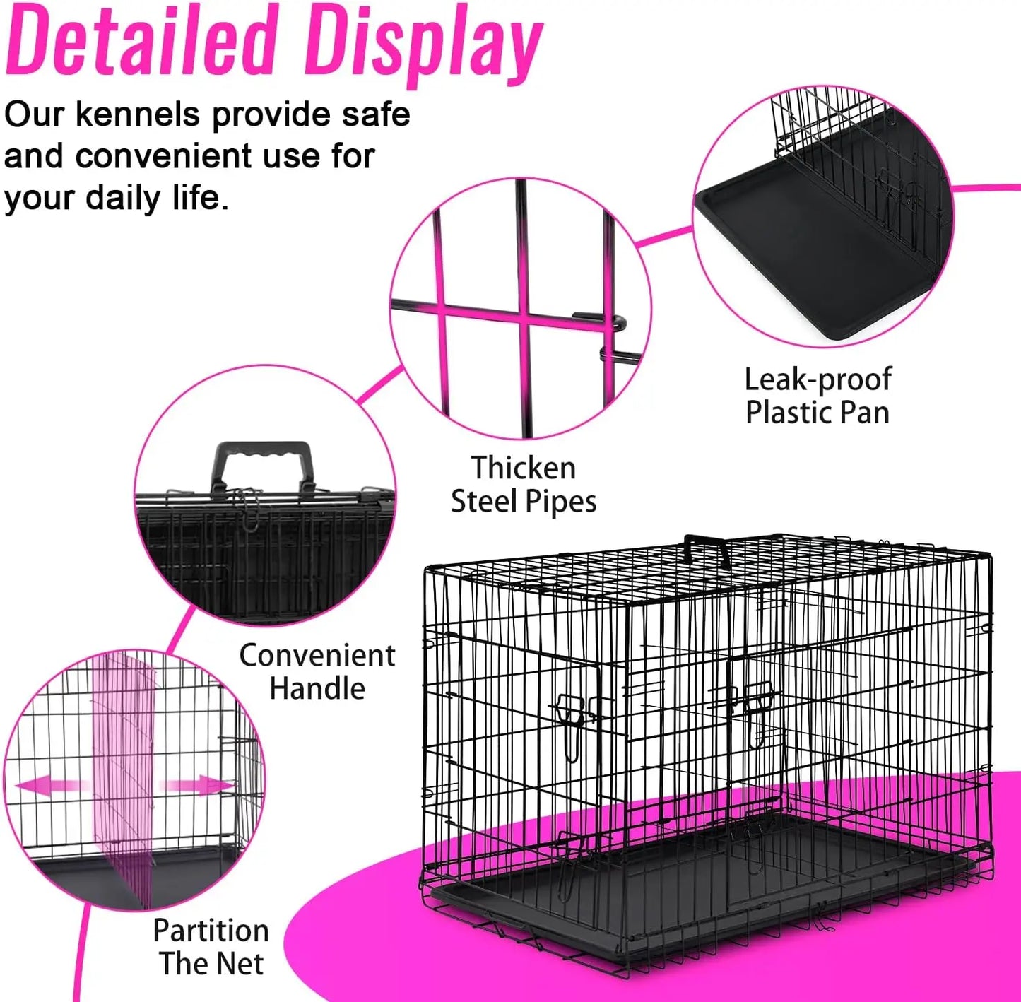 48 Inch Dog Crate for Large Dogs – Heavy-Duty Folding Metal Wire Kennel with Double Door, Divider Panel & Leak-Proof Tray, Indoor Outdoor Pet Cage, Black