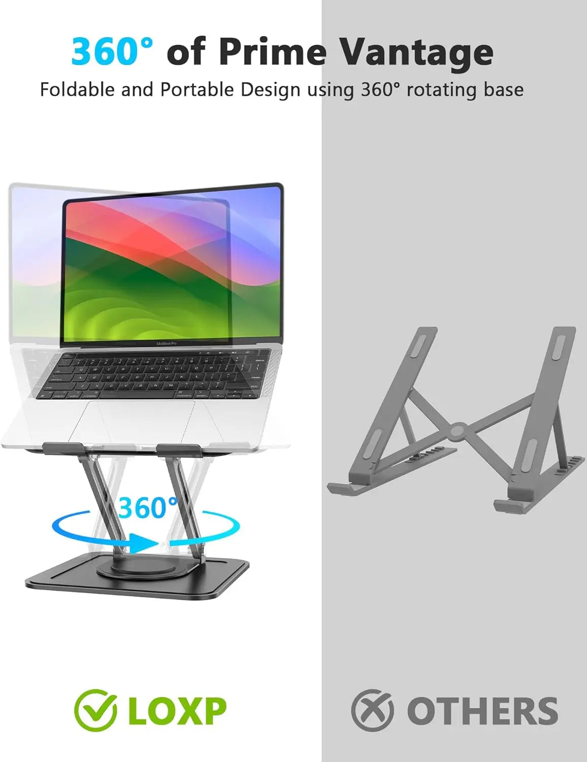 Adjustable Laptop Stand with 360° Rotating Base – Ergonomic Foldable Laptop Riser for Desk, Portable Computer Stand for MacBook Pro/Air 10–16" – Black