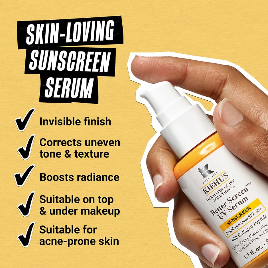 Kiehl’s Better Screen UV Serum SPF 50+ – Invisible Face Sunscreen with Collagen Peptide, UVA/UVB Protection, Anti-Aging & Radiance Boost