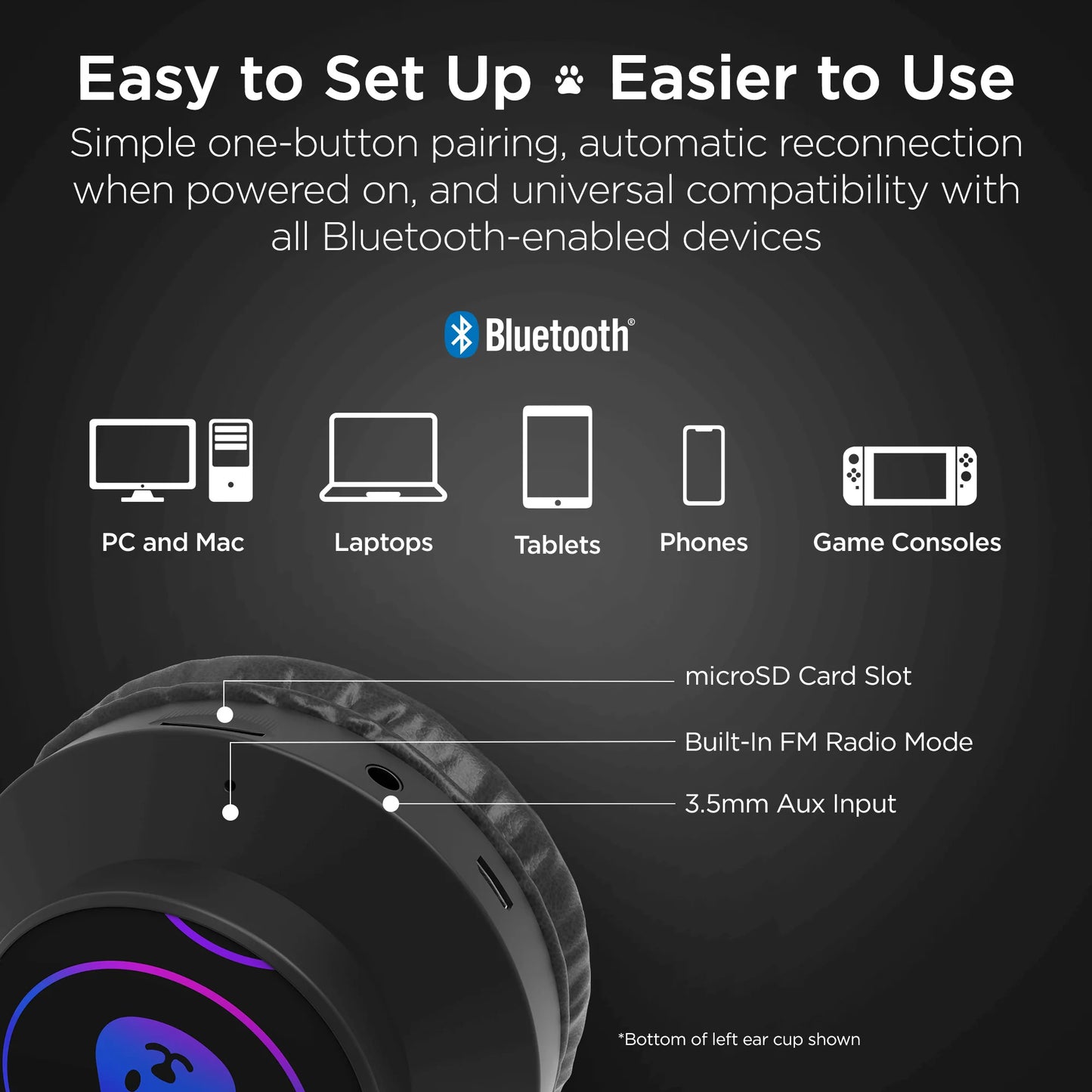 Hypergear Bunny Tracks Wireless Light-Up Headphones – Bluetooth Kids & Adult LED Headset with Mic