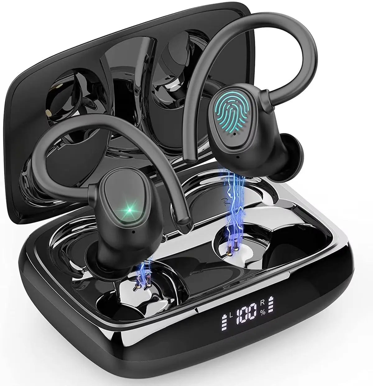 Wireless Earbuds Bluetooth 5.1 with Earhooks, Noise Cancelling Mic, Deep Bass, 40H Playtime, Waterproof Sport Headphones – Black