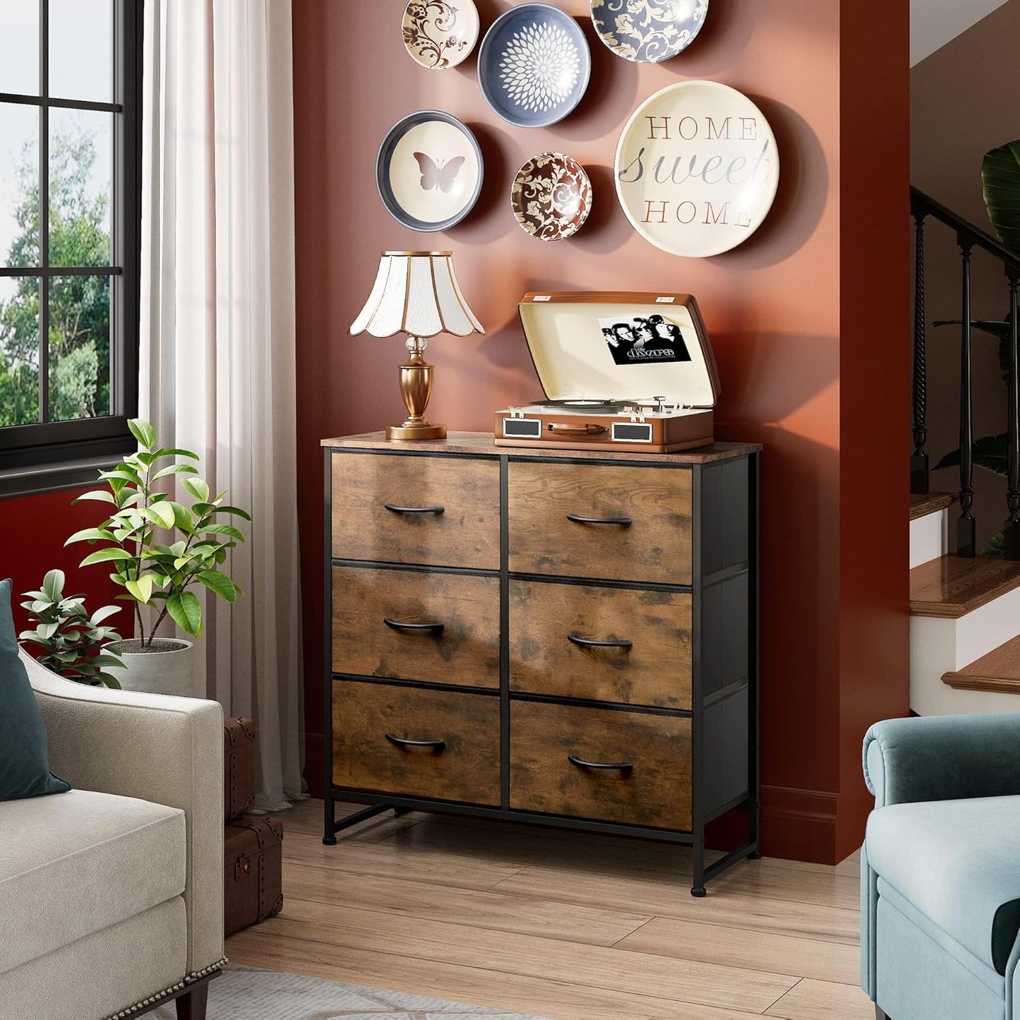6 Drawer Fabric Dresser for Bedroom – Rustic Brown Double Dresser Storage Tower with Wood Grain Print, Metal Frame, and Fabric Bins – Chest of Drawers for Closet, Living Room, Hallway, Entryway