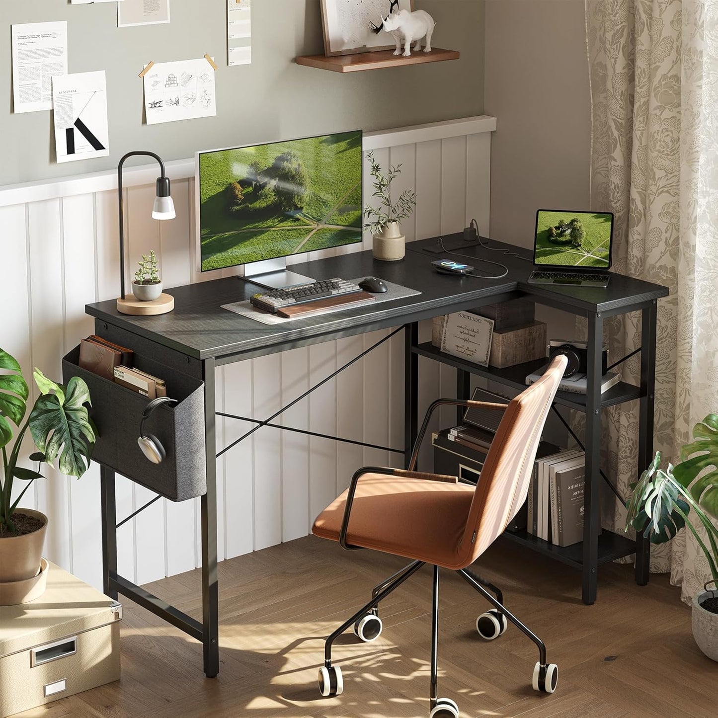 TIQLAB 40" L-Shaped Computer Desk with Power Outlets – Reversible Corner Desk with Storage Shelves, Gaming Writing Table for Home Office, Bedroom, or Living Room – Black