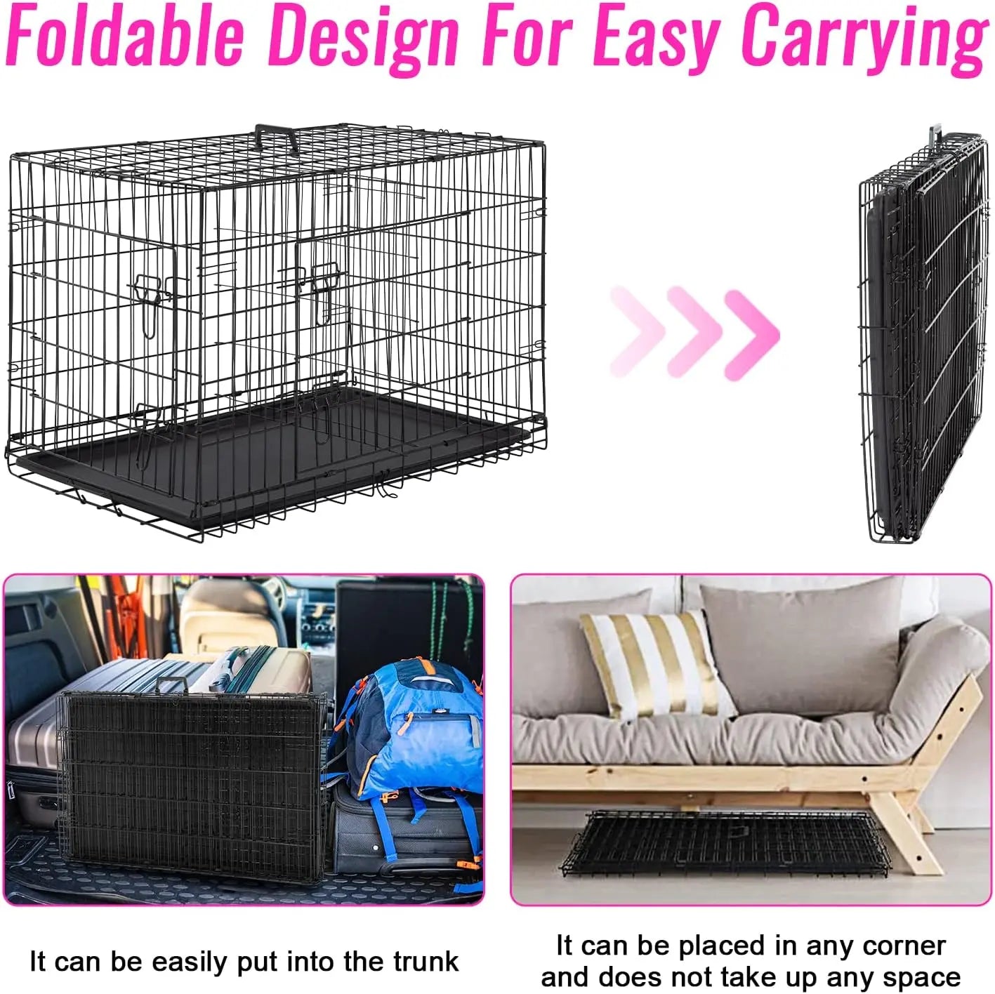 48 Inch Dog Crate for Large Dogs – Heavy-Duty Folding Metal Wire Kennel with Double Door, Divider Panel & Leak-Proof Tray, Indoor Outdoor Pet Cage, Black