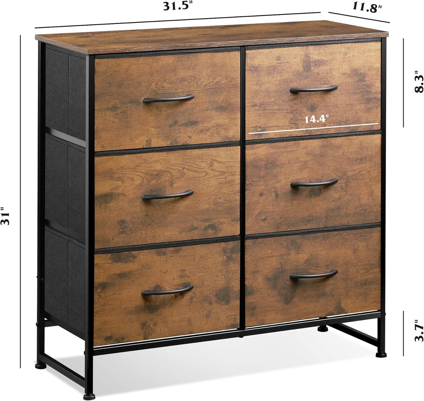 6 Drawer Fabric Dresser for Bedroom – Rustic Brown Double Dresser Storage Tower with Wood Grain Print, Metal Frame, and Fabric Bins – Chest of Drawers for Closet, Living Room, Hallway, Entryway