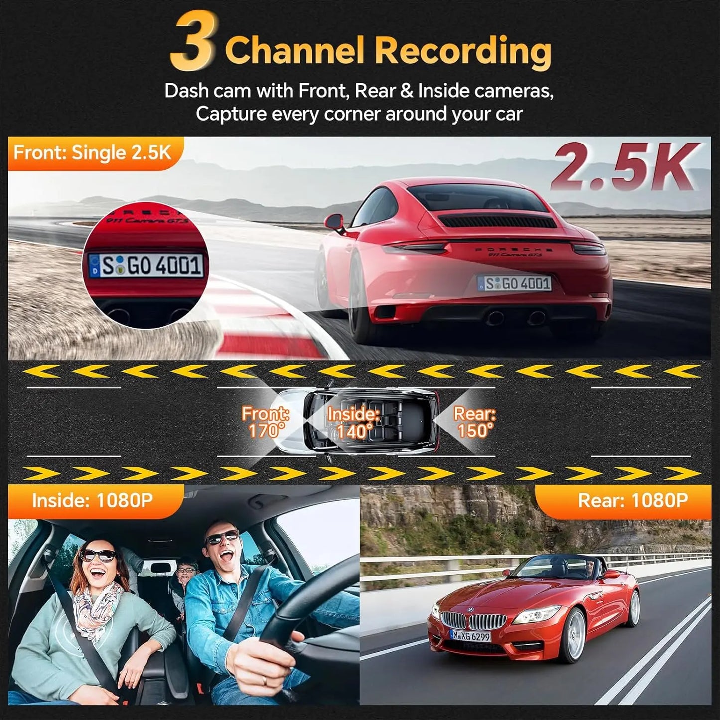 3-Channel Dash Cam for Cars – Front 2.5K, Inside & Rear 1080P Dash Camera with WiFi, IR Night Vision, G-Sensor, 64GB Card Included