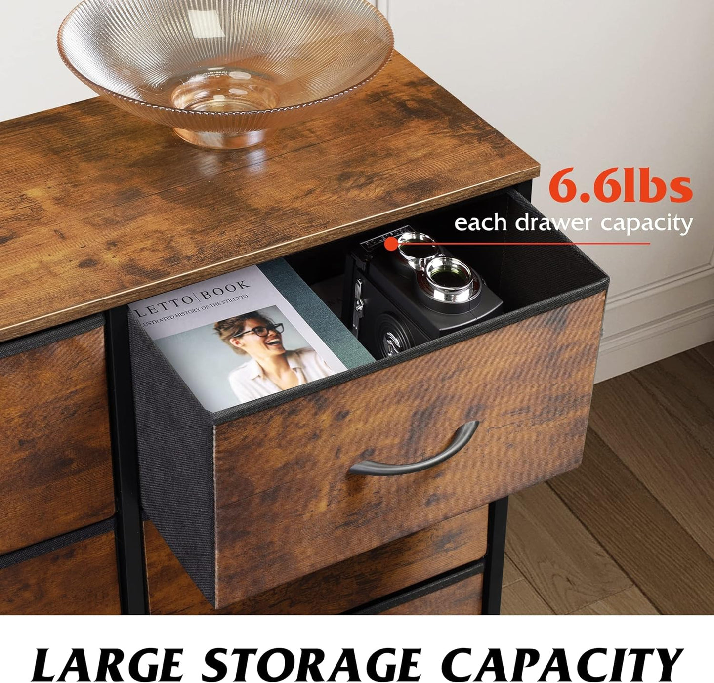 6 Drawer Fabric Dresser for Bedroom – Rustic Brown Double Dresser Storage Tower with Wood Grain Print, Metal Frame, and Fabric Bins – Chest of Drawers for Closet, Living Room, Hallway, Entryway