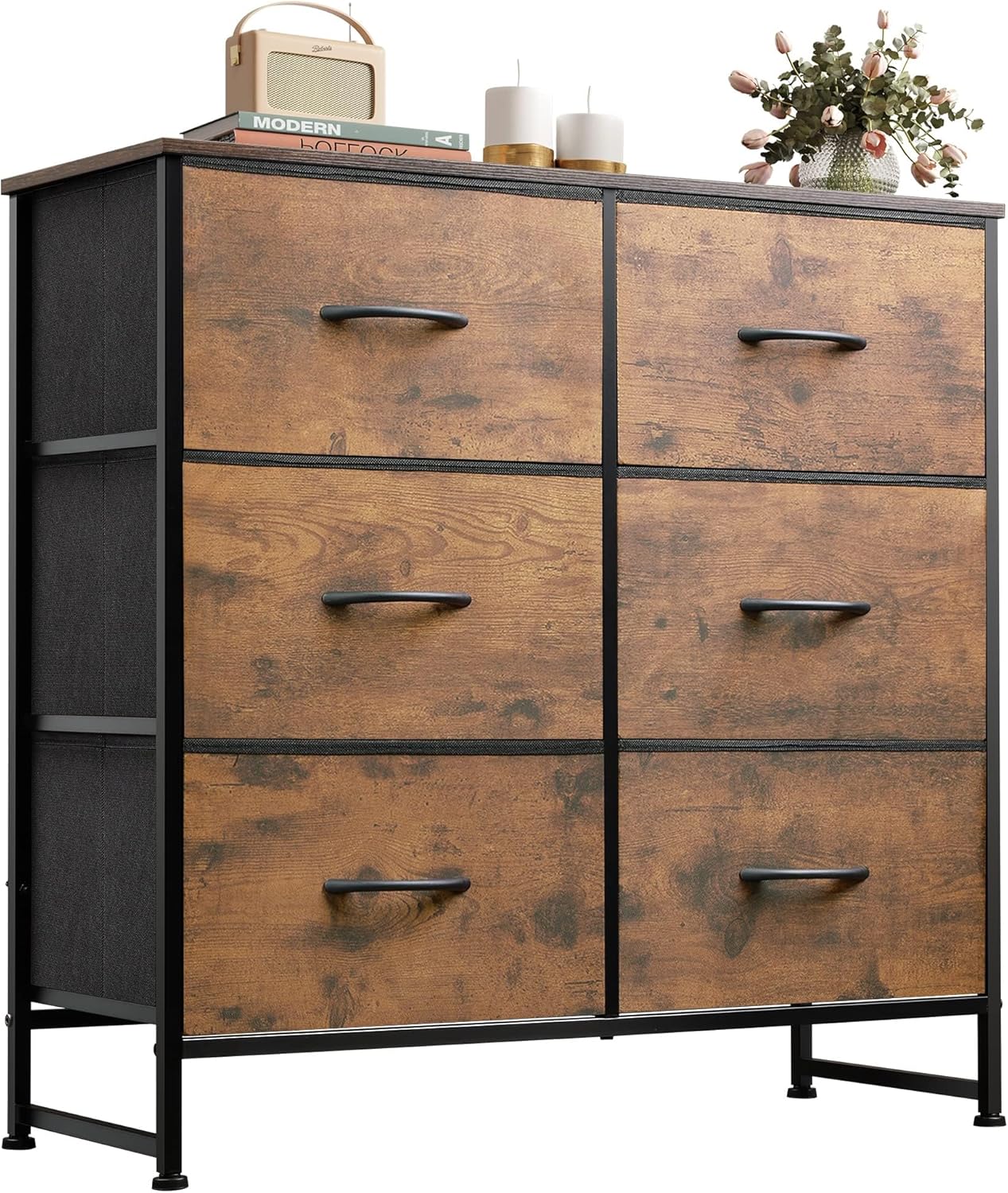 6 Drawer Fabric Dresser for Bedroom – Rustic Brown Double Dresser Storage Tower with Wood Grain Print, Metal Frame, and Fabric Bins – Chest of Drawers for Closet, Living Room, Hallway, Entryway