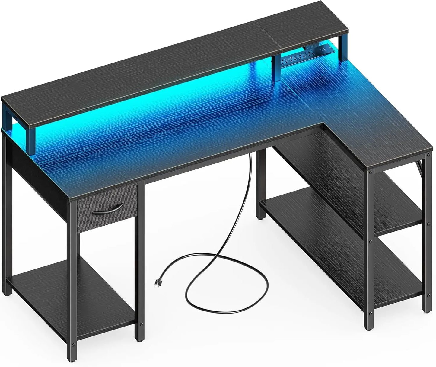 47" Reversible L Shaped Computer Desk with LED Lights & Power Outlets – Gaming Desk with Monitor Stand, Storage Shelves, Drawer – Corner Desk for Home Office Setup, Black