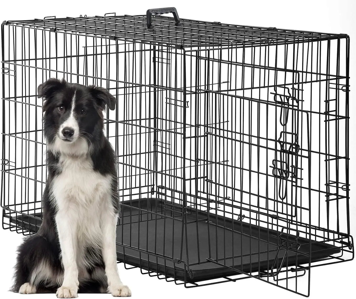 48 Inch Dog Crate for Large Dogs – Heavy-Duty Folding Metal Wire Kennel with Double Door, Divider Panel & Leak-Proof Tray, Indoor Outdoor Pet Cage, Black