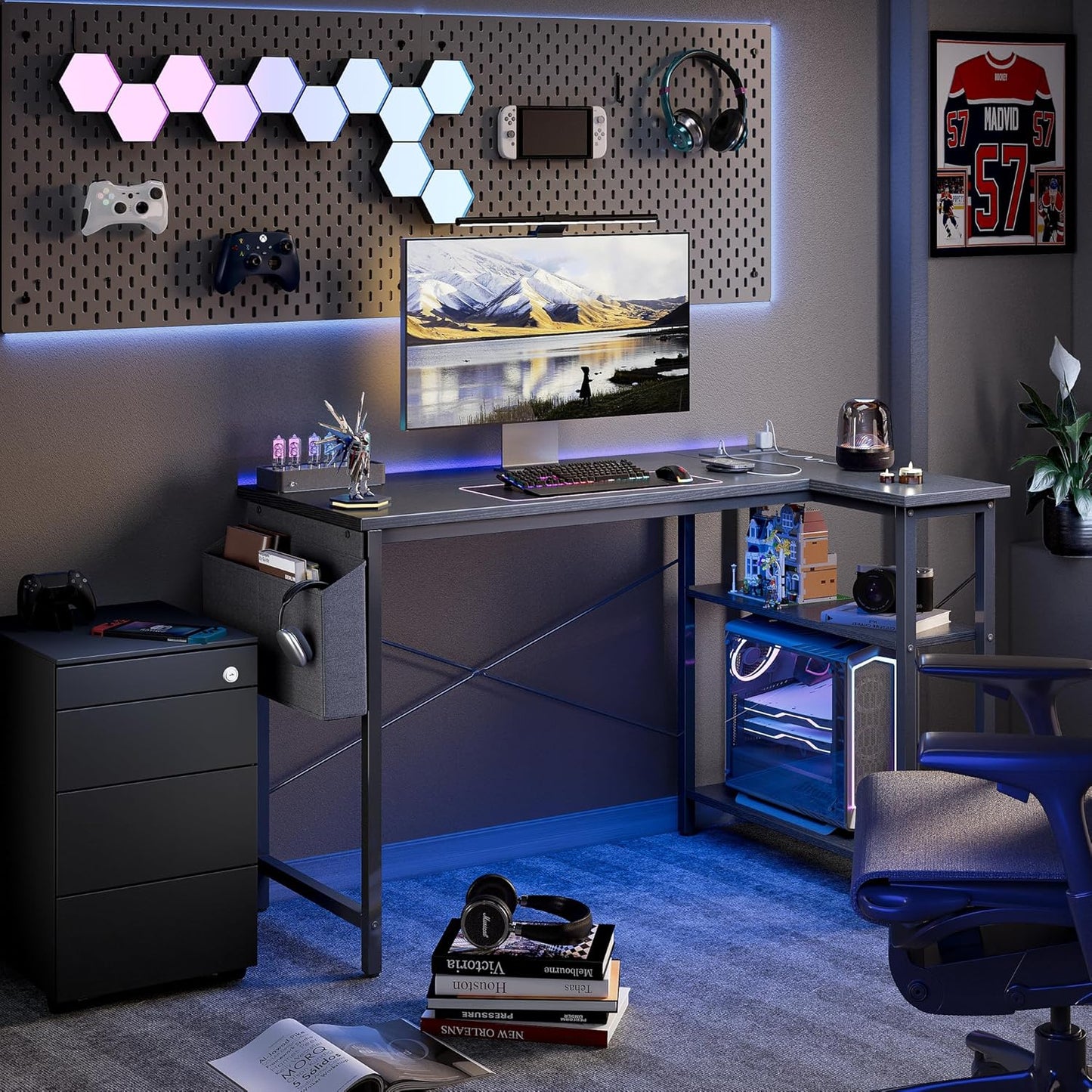 TIQLAB 40" L-Shaped Computer Desk with Power Outlets – Reversible Corner Desk with Storage Shelves, Gaming Writing Table for Home Office, Bedroom, or Living Room – Black