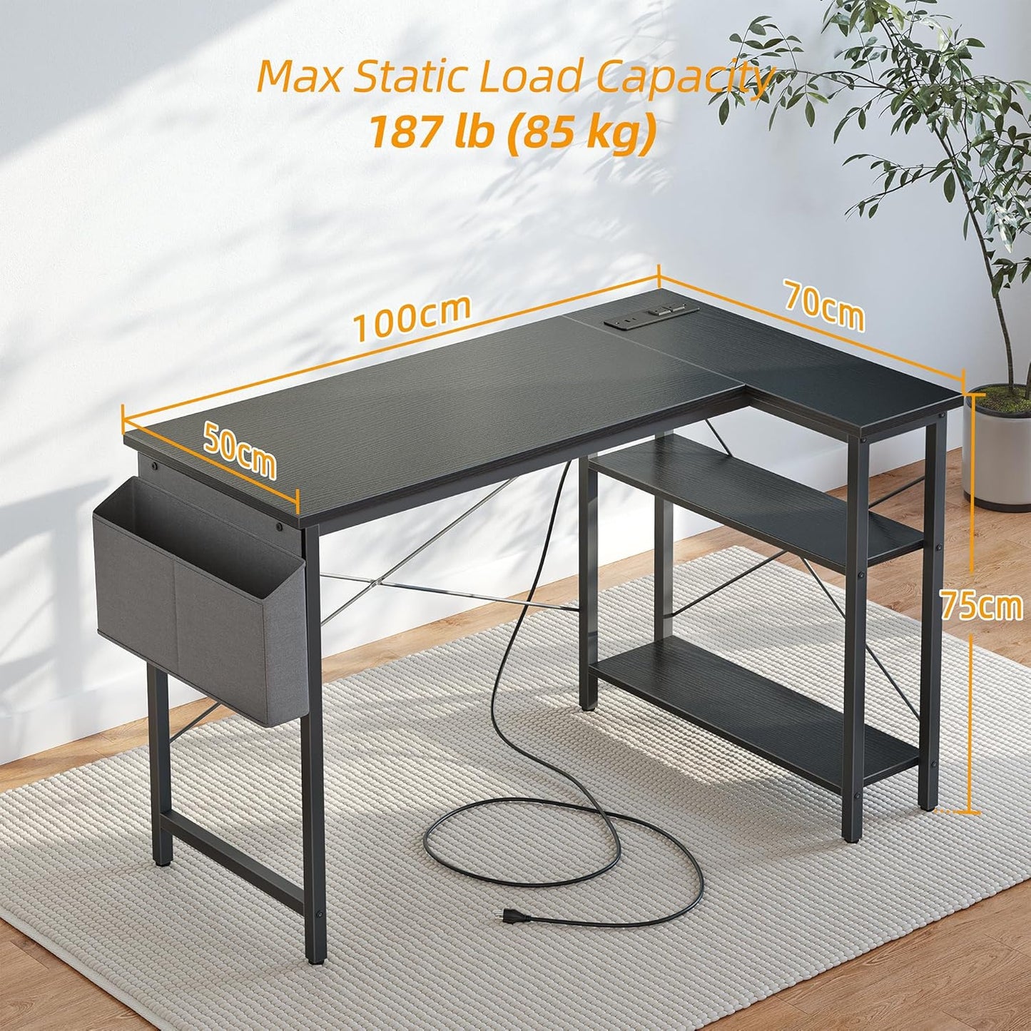 TIQLAB 40" L-Shaped Computer Desk with Power Outlets – Reversible Corner Desk with Storage Shelves, Gaming Writing Table for Home Office, Bedroom, or Living Room – Black