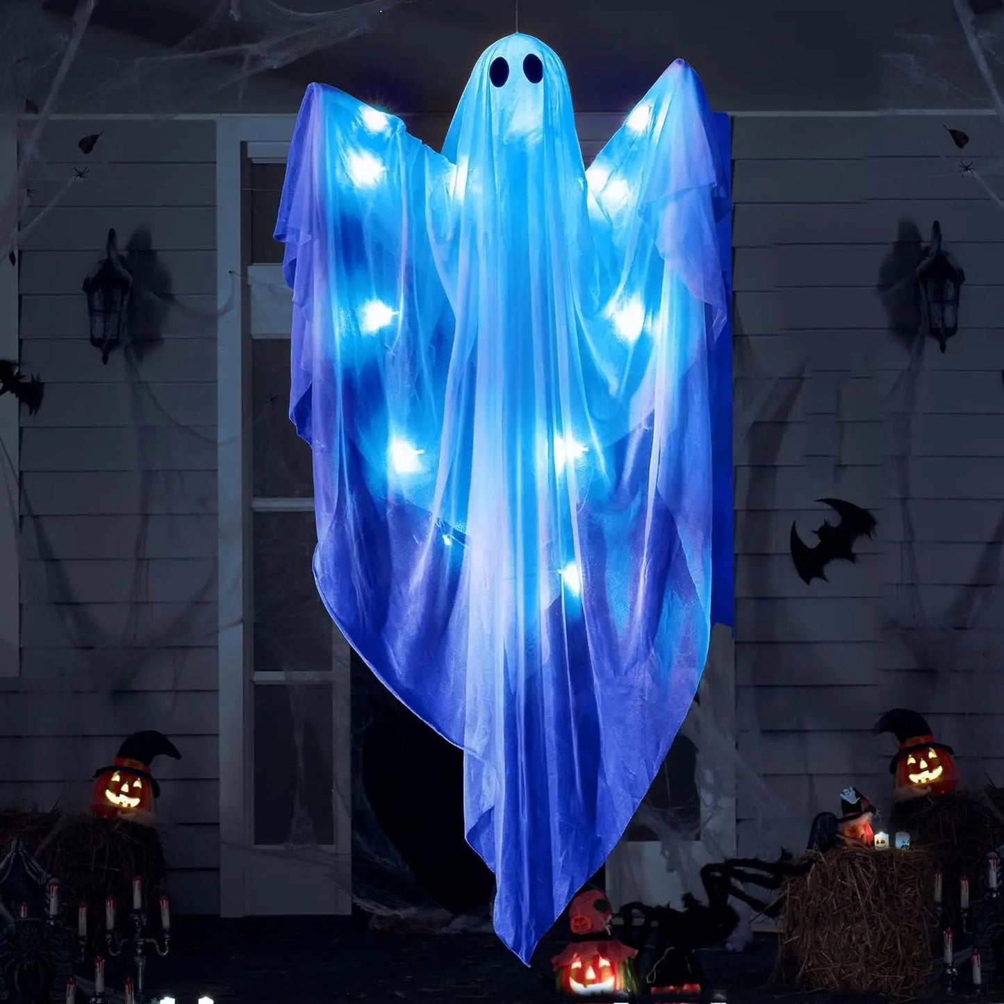 Halloween Hanging Light up Ghost with Spooky Blue LED Light, 47β White Ghosts Halloween Hanging Decoration for Front Yard Patio Lawn Garden Party Decor Indoor Outdoor