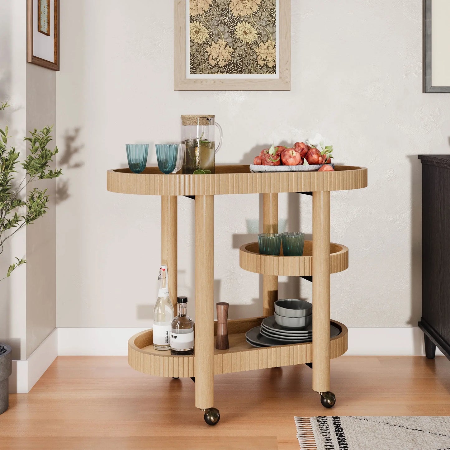 Drew Barrymore Bar Cart with 3 Shelves, Warm Honey Finish, Solid Wood, Rolling Caster Wheels