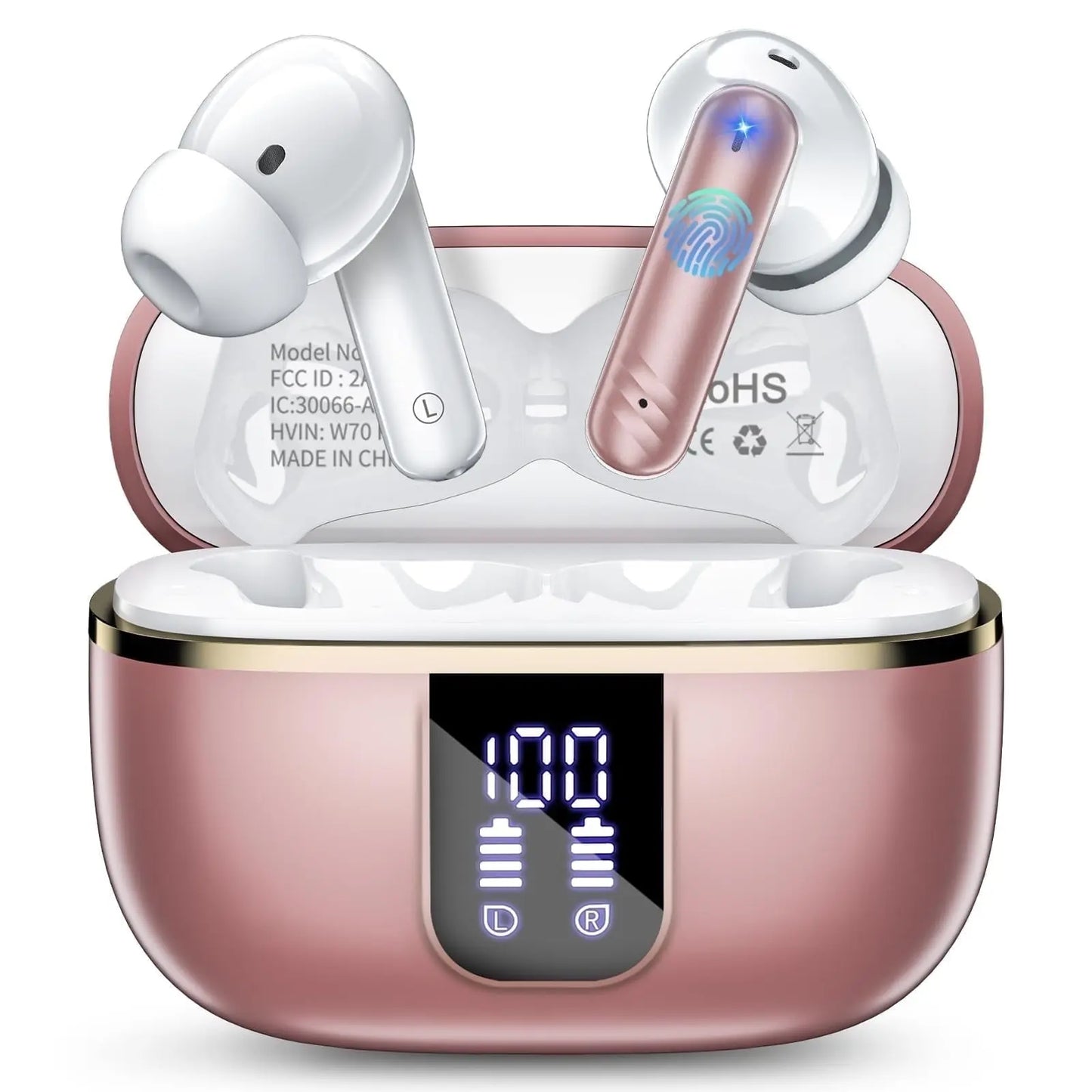 Wireless Bluetooth Earbuds W70 | Noise Cancelling In-Ear Headphones w/ Deep Bass, 38H Playtime, LED Display & IPX7 Waterproof – For iPhone & Android (White)
