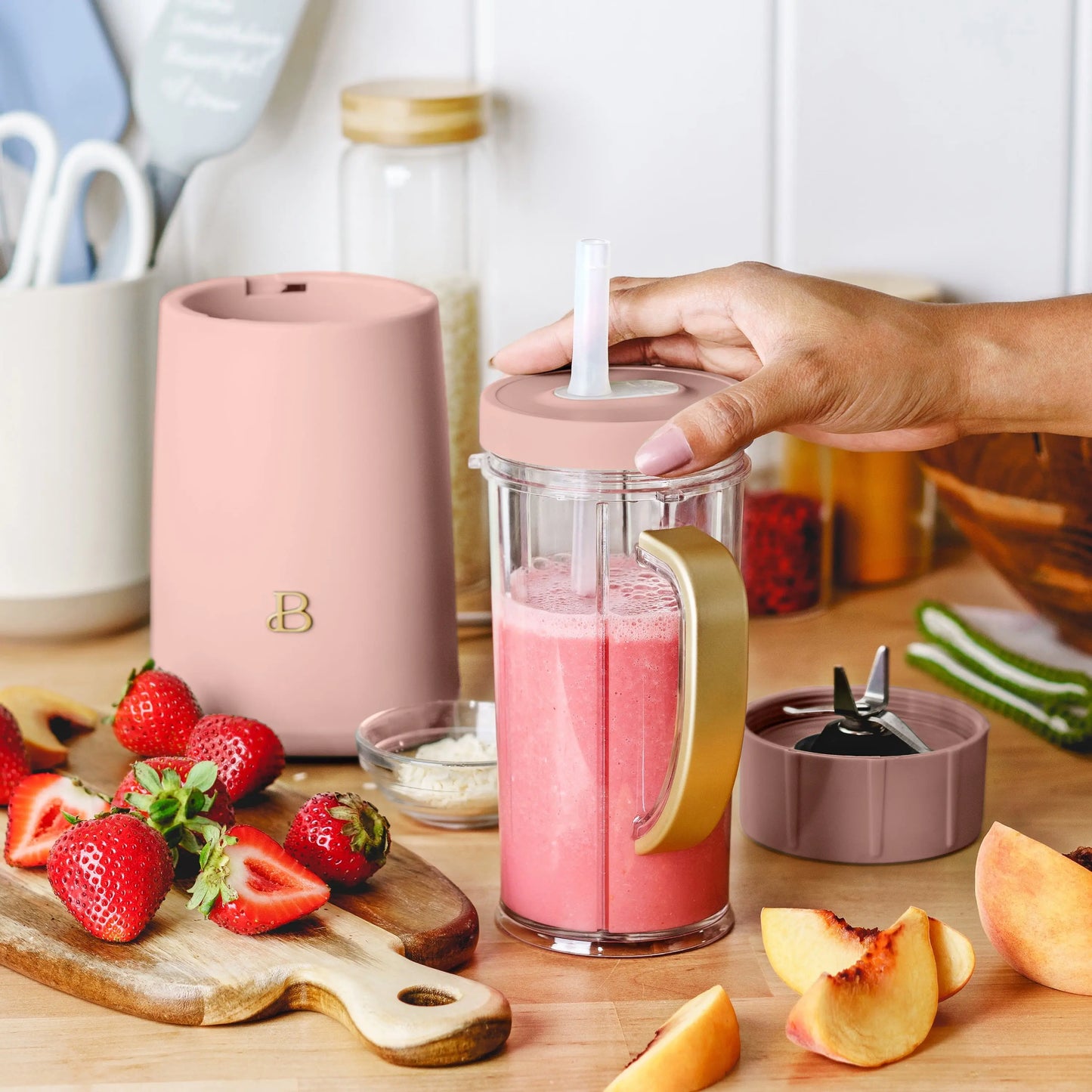 Drew Barrymore Beautiful 12-Piece Personal Blender Set 240W Rose Pink | Portable Smoothie Maker, Coffee Grinder, Travel Cup | Compact Countertop Kitchen Appliance