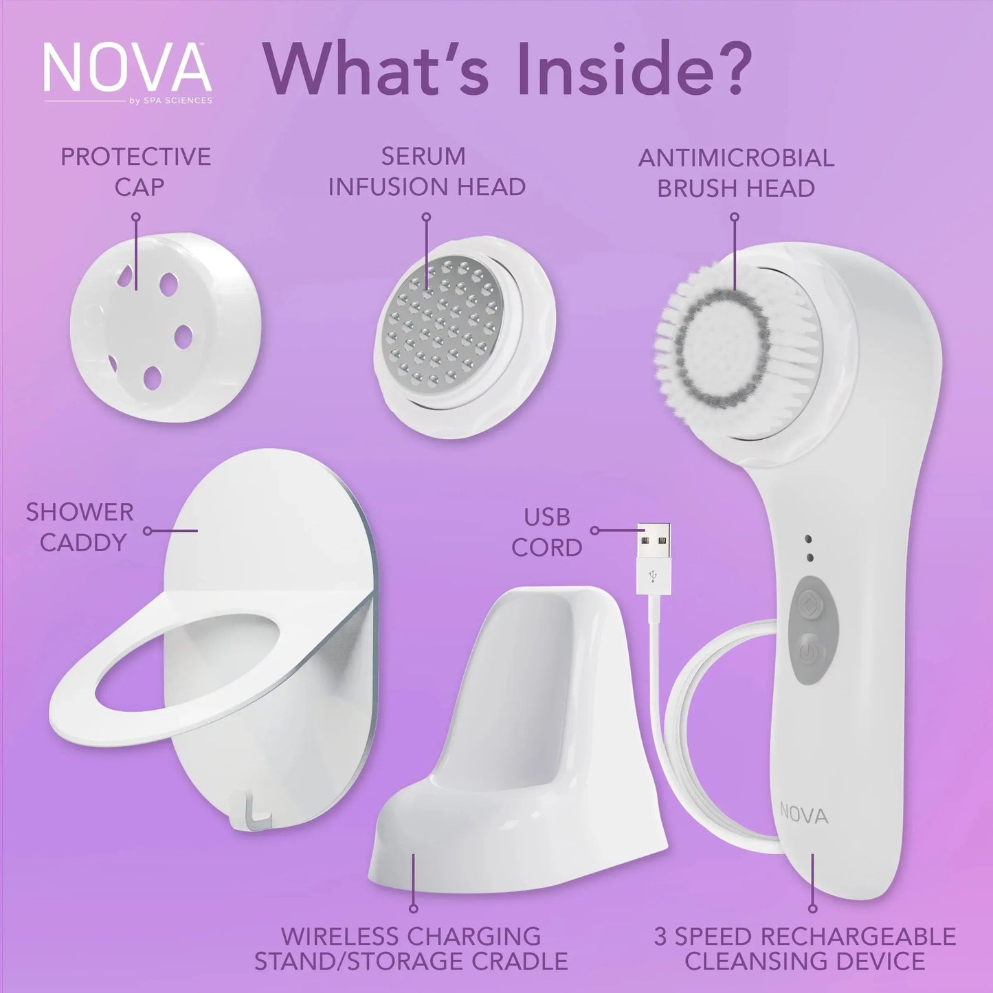 NOVA Sonic Facial Cleansing Brush – Sensitive Skin Exfoliator with Antimicrobial Brush & Serum Infuser, Waterproof & Rechargeable, White