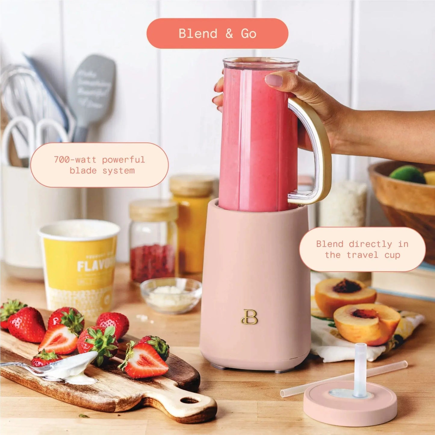 Drew Barrymore Beautiful 12-Piece Personal Blender Set 240W Rose Pink | Portable Smoothie Maker, Coffee Grinder, Travel Cup | Compact Countertop Kitchen Appliance