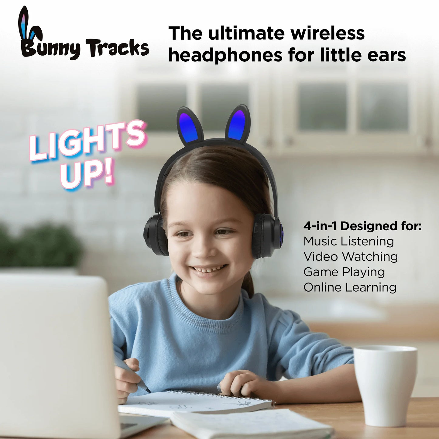 Hypergear Bunny Tracks Wireless Light-Up Headphones – Bluetooth Kids & Adult LED Headset with Mic