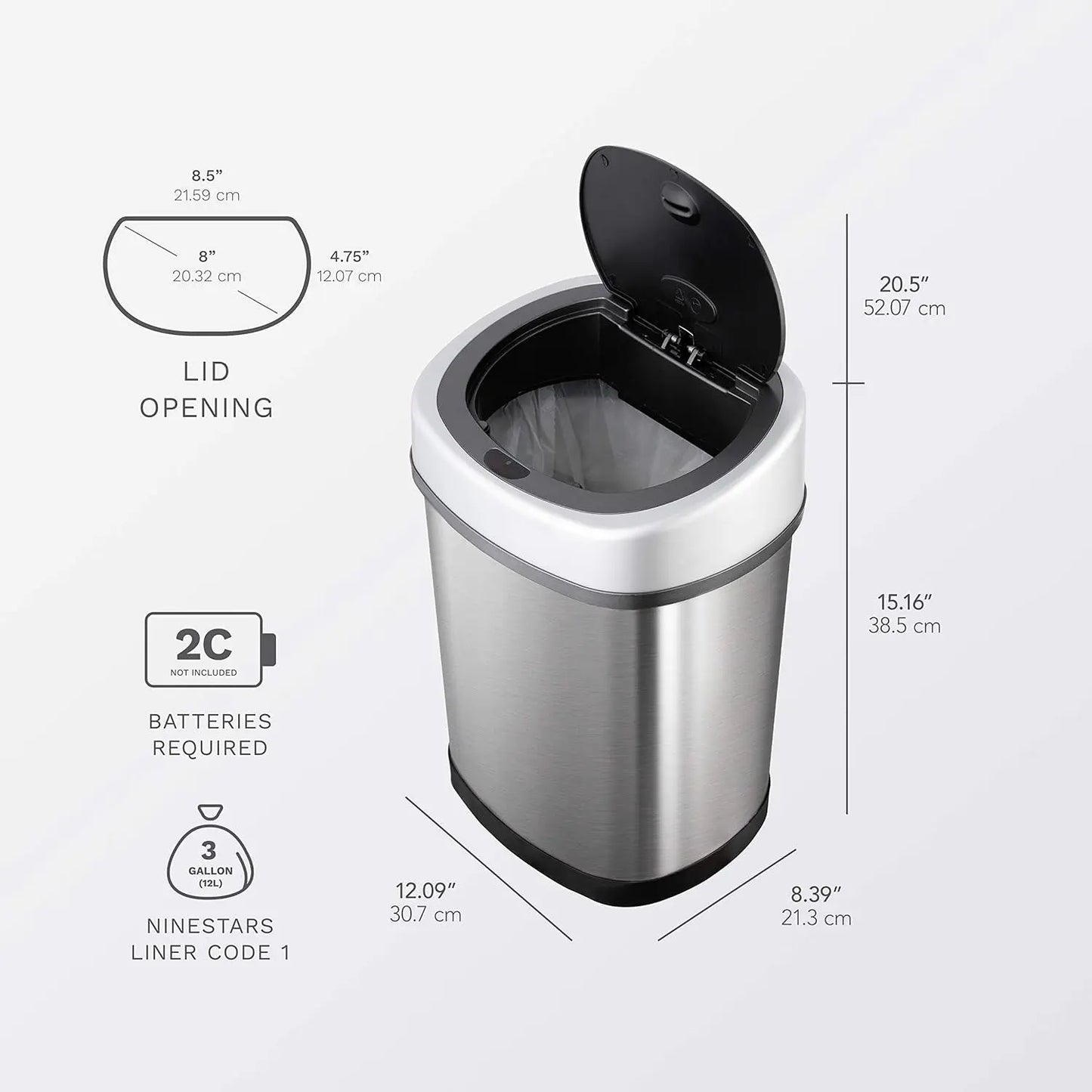 3 Gallon Automatic Touchless Trash Can – DZT-12-9 Infrared Motion Sensor Waste Bin, 12L Stainless Steel Oval Garbage Can with Black Lid – Hands-Free Compact Trash Bin for Bathroom, Office, Bedroom
