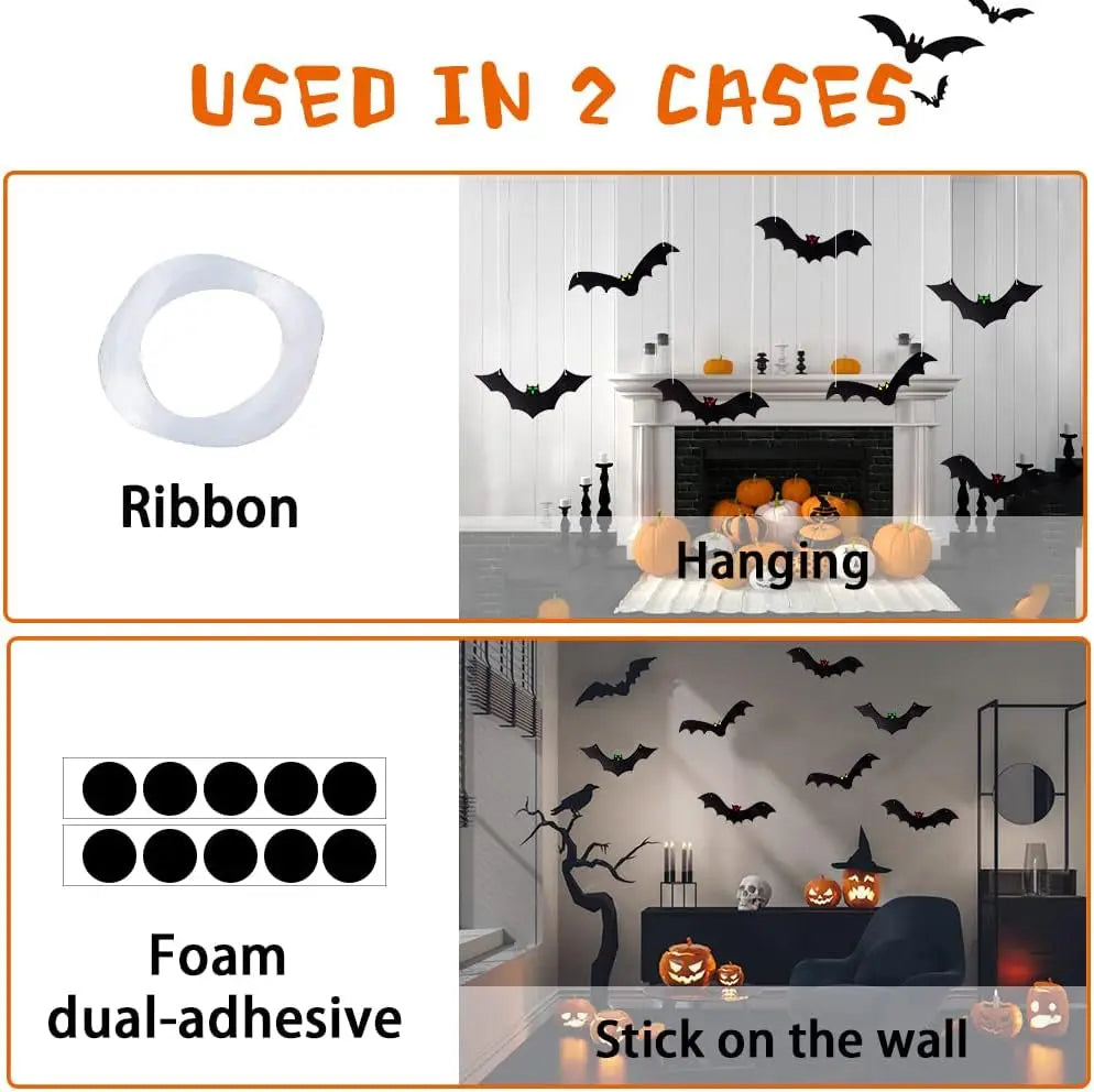 Halloween Hanging Bats 12 Pieces 3D Realistic Scary Large Fake Black Hanging Flying Bat Spooky for Yard Sign Outdoor Indoor Lawn Decorations(3 Style)