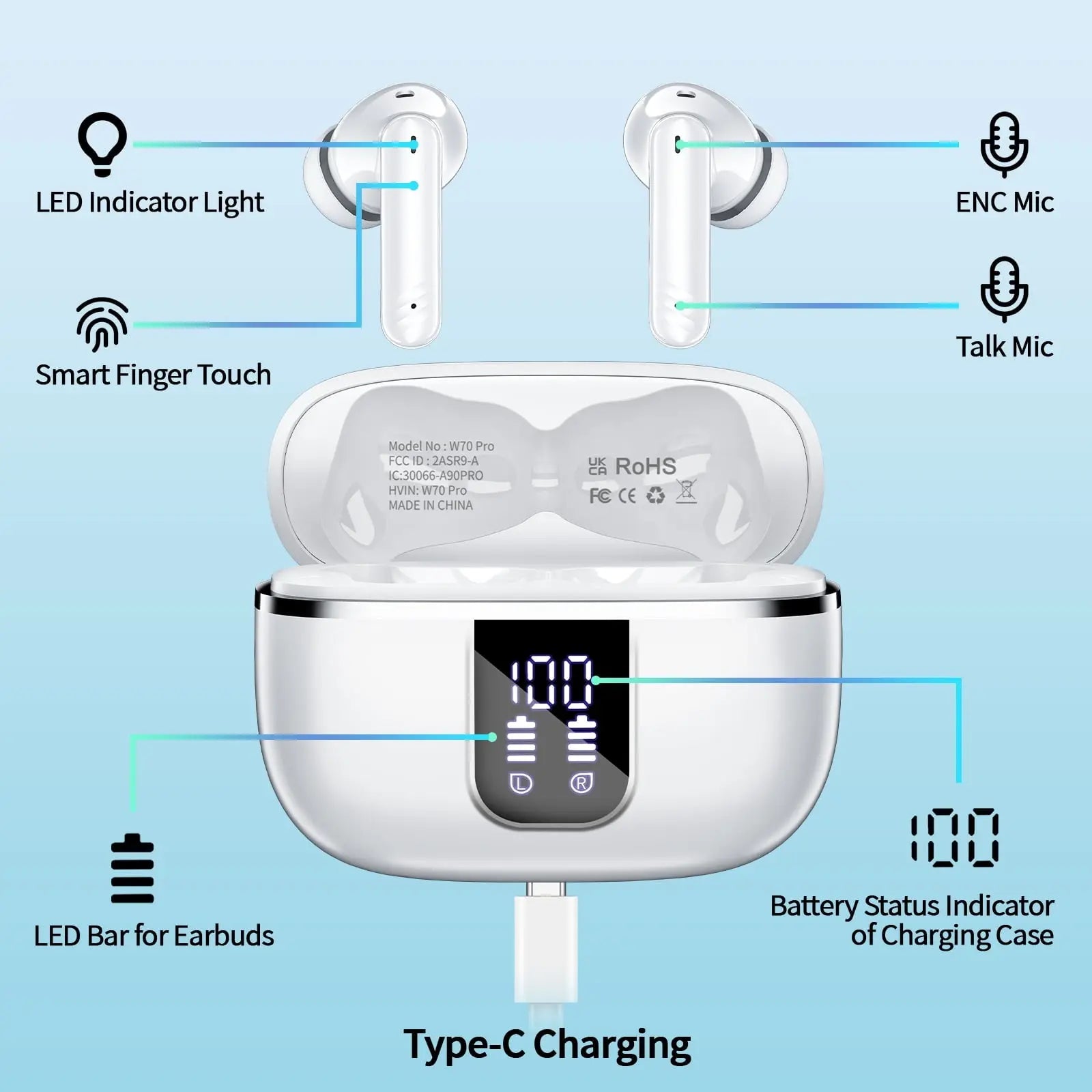 Wireless Bluetooth Earbuds W70 | Noise Cancelling In-Ear Headphones w/ Deep Bass, 38H Playtime, LED Display & IPX7 Waterproof – For iPhone & Android (White)