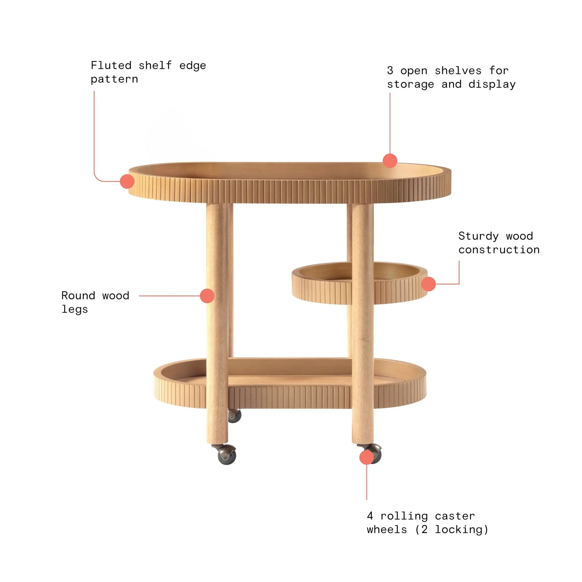 Drew Barrymore Bar Cart with 3 Shelves, Warm Honey Finish, Solid Wood, Rolling Caster Wheels