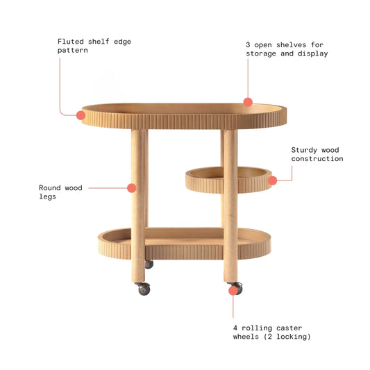Drew Barrymore Bar Cart with 3 Shelves, Warm Honey Finish, Solid Wood, Rolling Caster Wheels