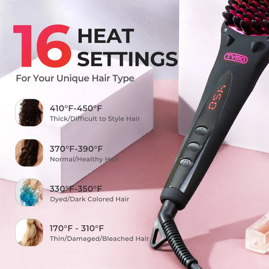 TYMO Ionic Hair Straightener Brush – 16 Temp Settings, LED Display, Flat Iron Comb, Dual Voltage, Anti-Scald