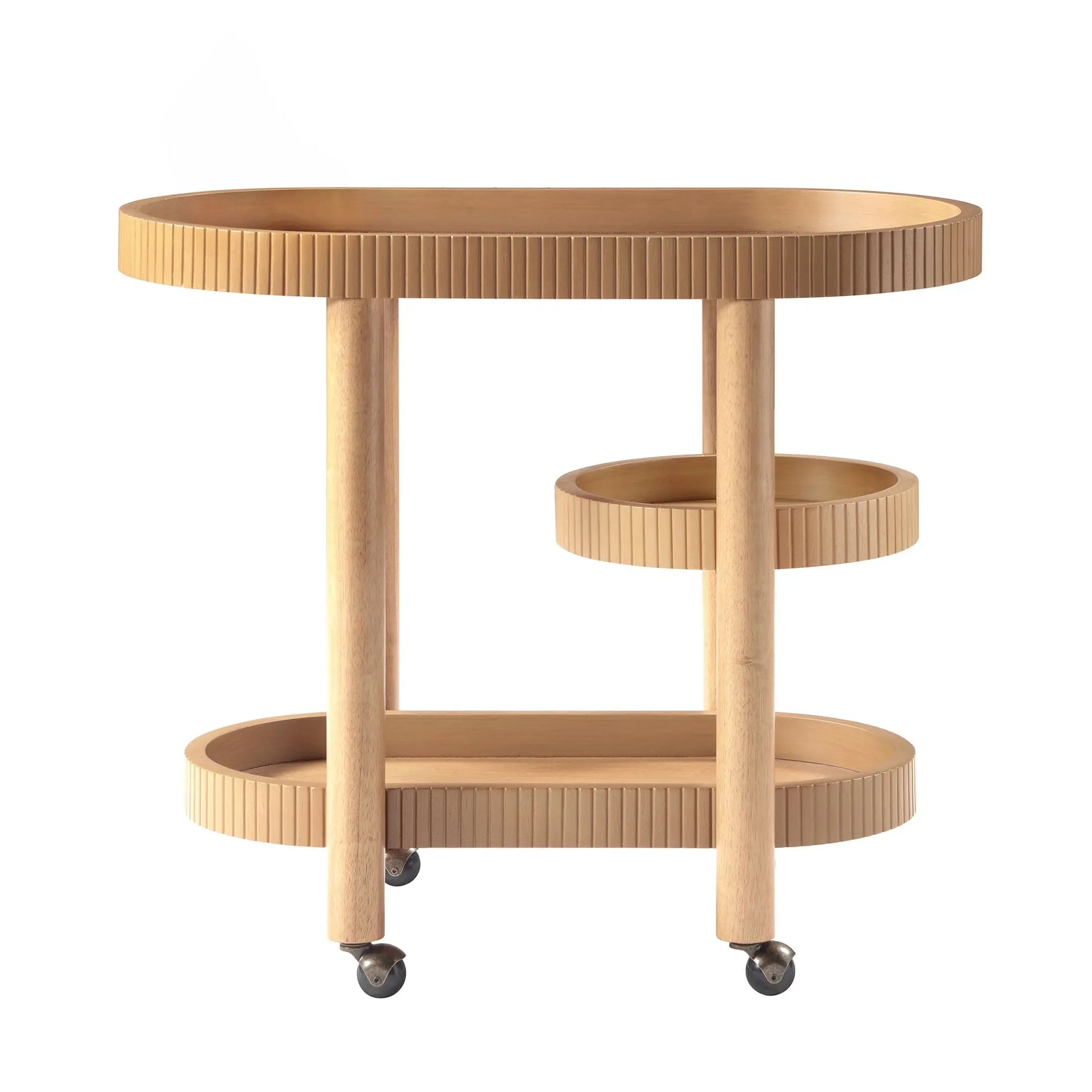 Drew Barrymore Bar Cart with 3 Shelves, Warm Honey Finish, Solid Wood, Rolling Caster Wheels