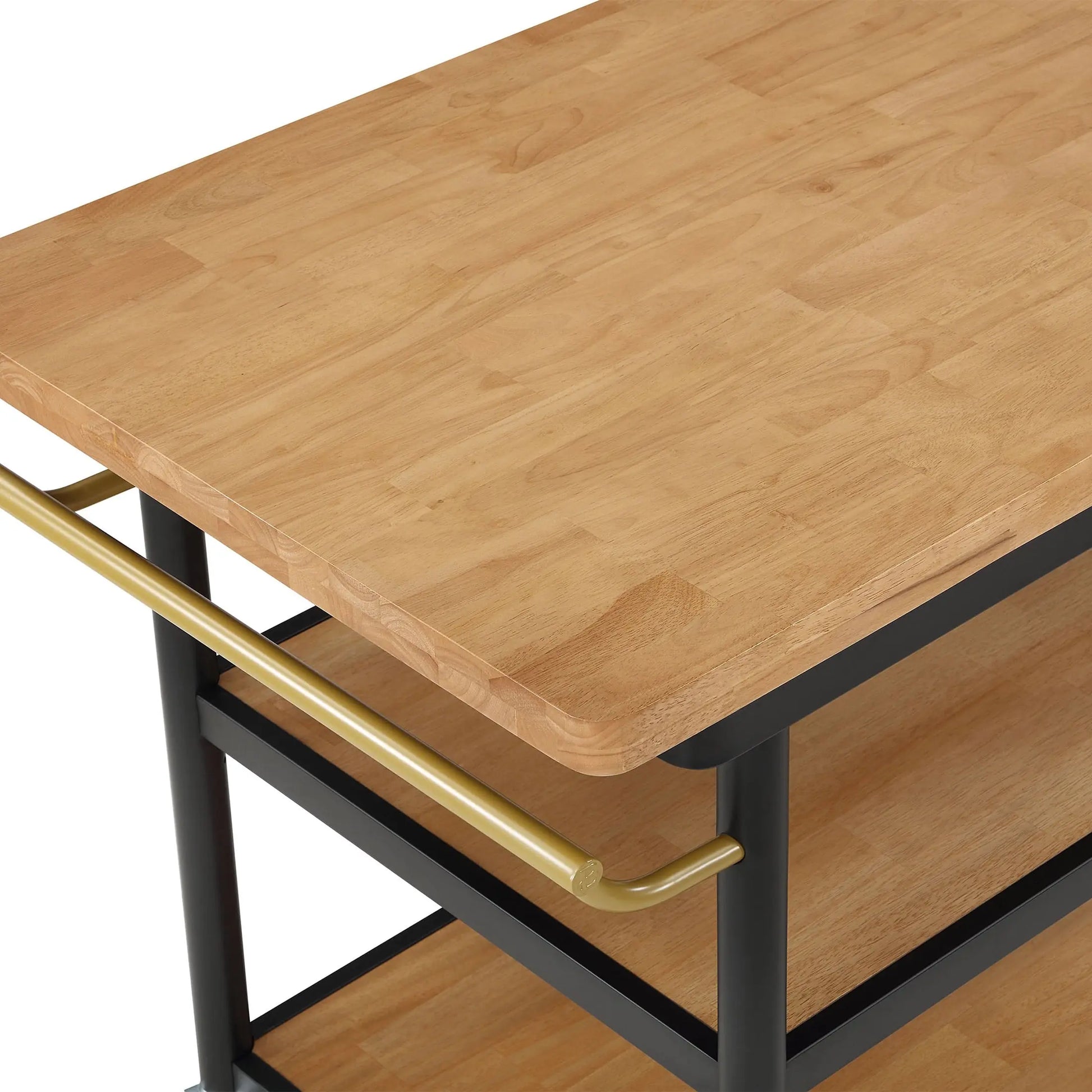 Drew Barrymore Rolling Kitchen Island Cart with 2 Shelves, Rubberwood Top, Black Metal Frame