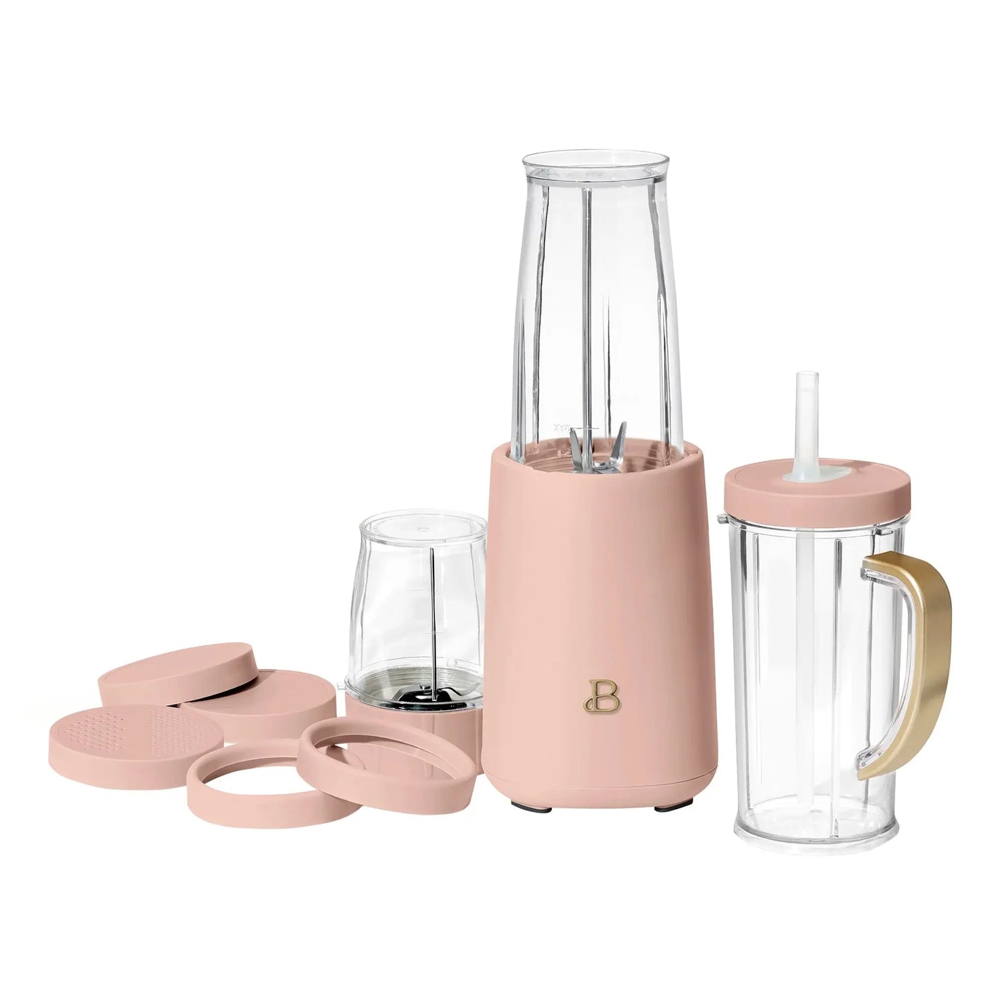 Drew Barrymore Beautiful 12-Piece Personal Blender Set 240W Rose Pink | Portable Smoothie Maker, Coffee Grinder, Travel Cup | Compact Countertop Kitchen Appliance