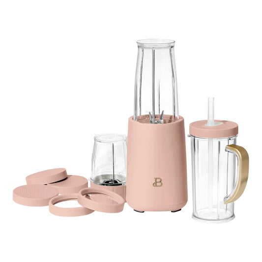 Drew Barrymore Beautiful 12-Piece Personal Blender Set 240W Rose Pink | Portable Smoothie Maker, Coffee Grinder, Travel Cup | Compact Countertop Kitchen Appliance