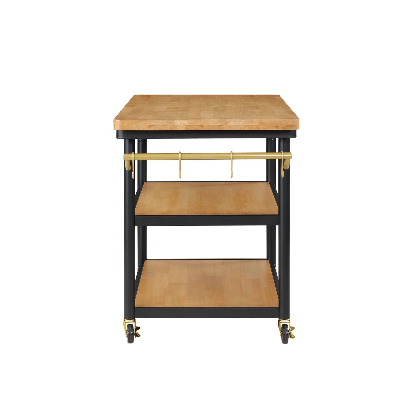 Drew Barrymore Rolling Kitchen Island Cart with 2 Shelves, Rubberwood Top, Black Metal Frame