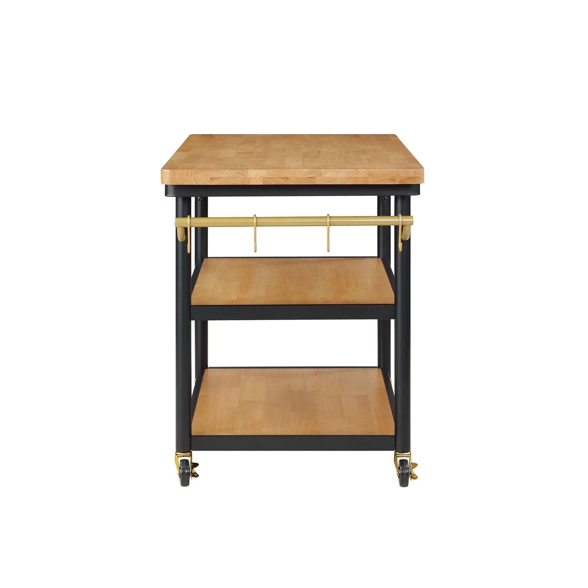 Drew Barrymore Rolling Kitchen Island Cart with 2 Shelves, Rubberwood Top, Black Metal Frame