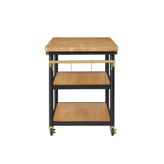 Drew Barrymore Rolling Kitchen Island Cart with 2 Shelves, Rubberwood Top, Black Metal Frame