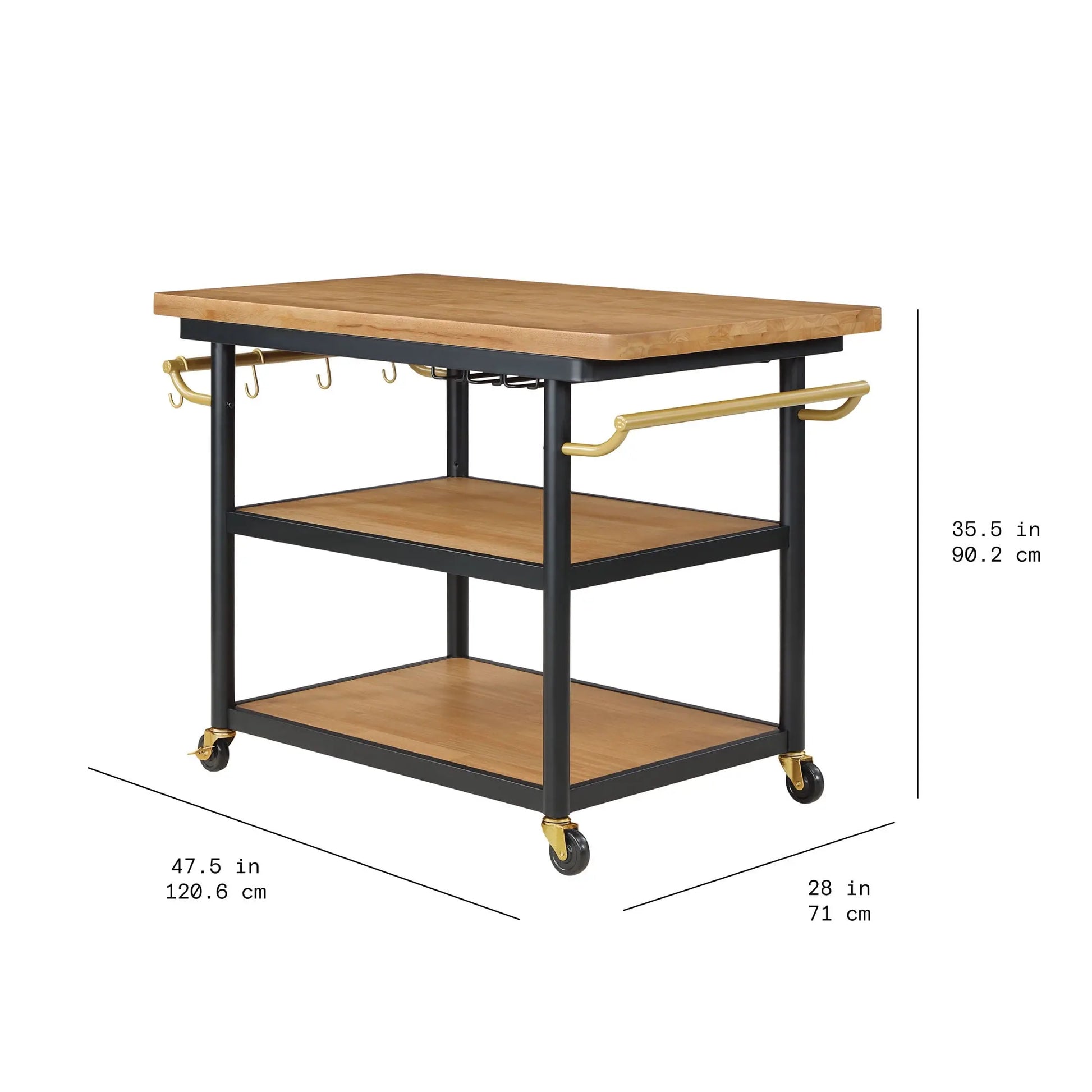 Drew Barrymore Rolling Kitchen Island Cart with 2 Shelves, Rubberwood Top, Black Metal Frame