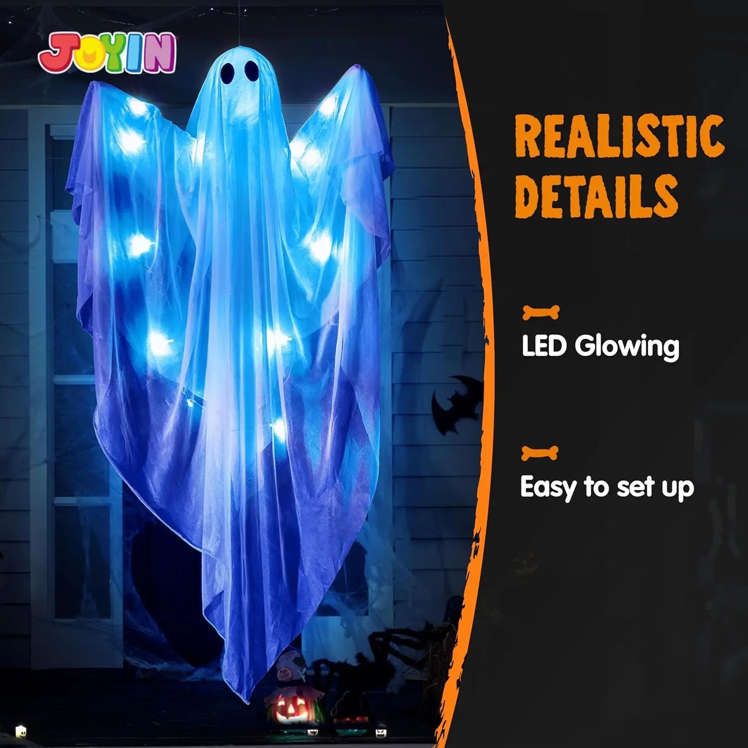 Halloween Hanging Light up Ghost with Spooky Blue LED Light, 47” White Ghosts Halloween Hanging Decoration for Front Yard Patio Lawn Garden Party Decor Indoor Outdoor
