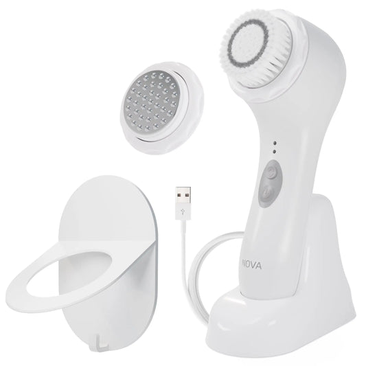 NOVA Sonic Facial Cleansing Brush – Sensitive Skin Exfoliator with Antimicrobial Brush & Serum Infuser, Waterproof & Rechargeable, White