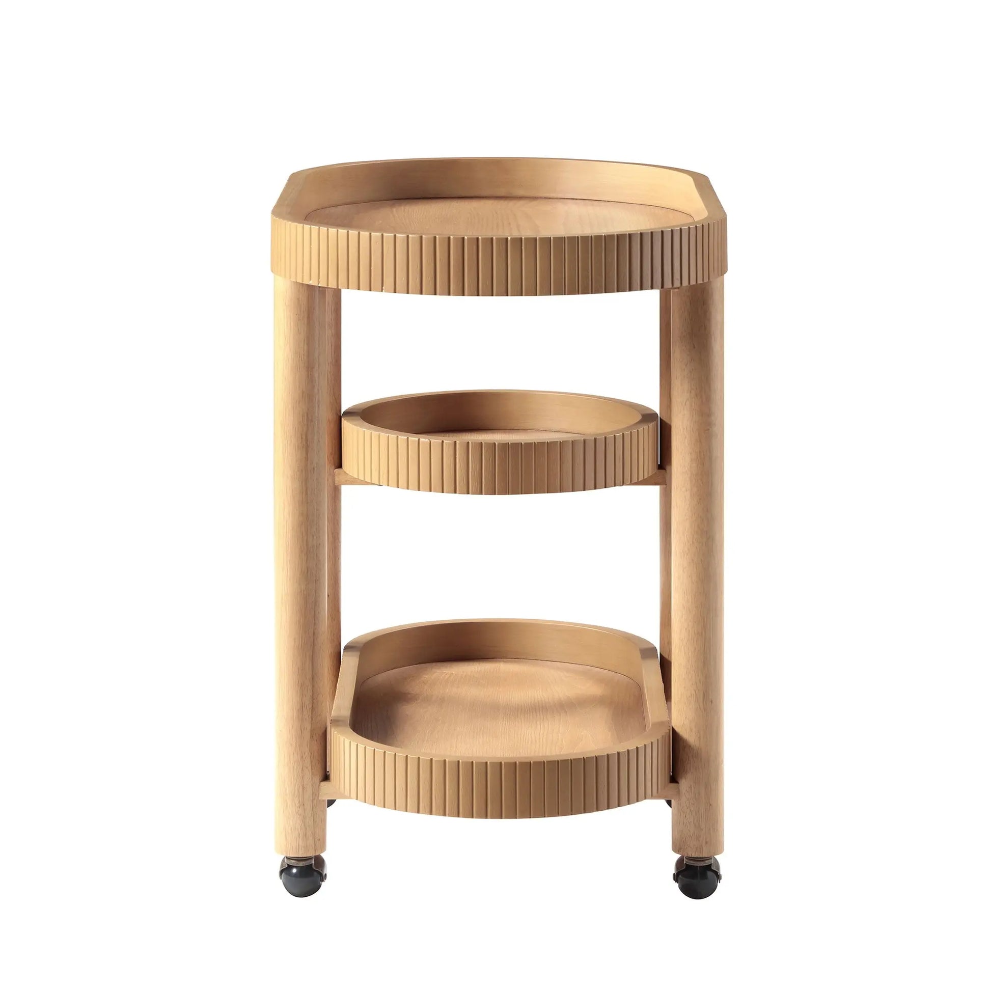 Drew Barrymore Bar Cart with 3 Shelves, Warm Honey Finish, Solid Wood, Rolling Caster Wheels