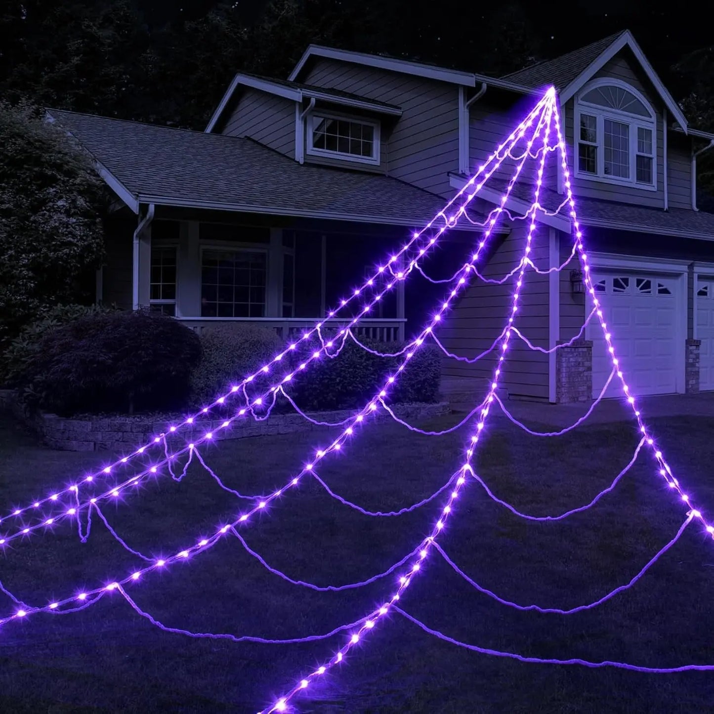 Halloween Spider Web Lights 250 LED Lighted Spider Web Giant 16.4Ft Halloween Decorations Light up with 8 Lighting Modes Waterproof & Timer for Outdoor Indoor Yard Haunted House Decor, Purple