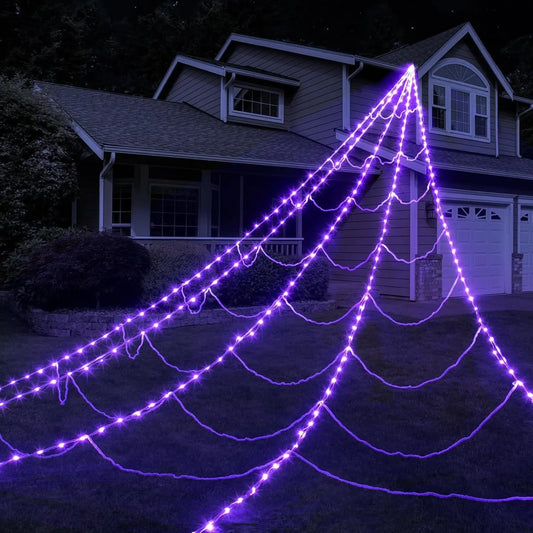 Halloween Spider Web Lights 250 LED Lighted Spider Web Giant 16.4Ft Halloween Decorations Light up with 8 Lighting Modes Waterproof & Timer for Outdoor Indoor Yard Haunted House Decor, Purple