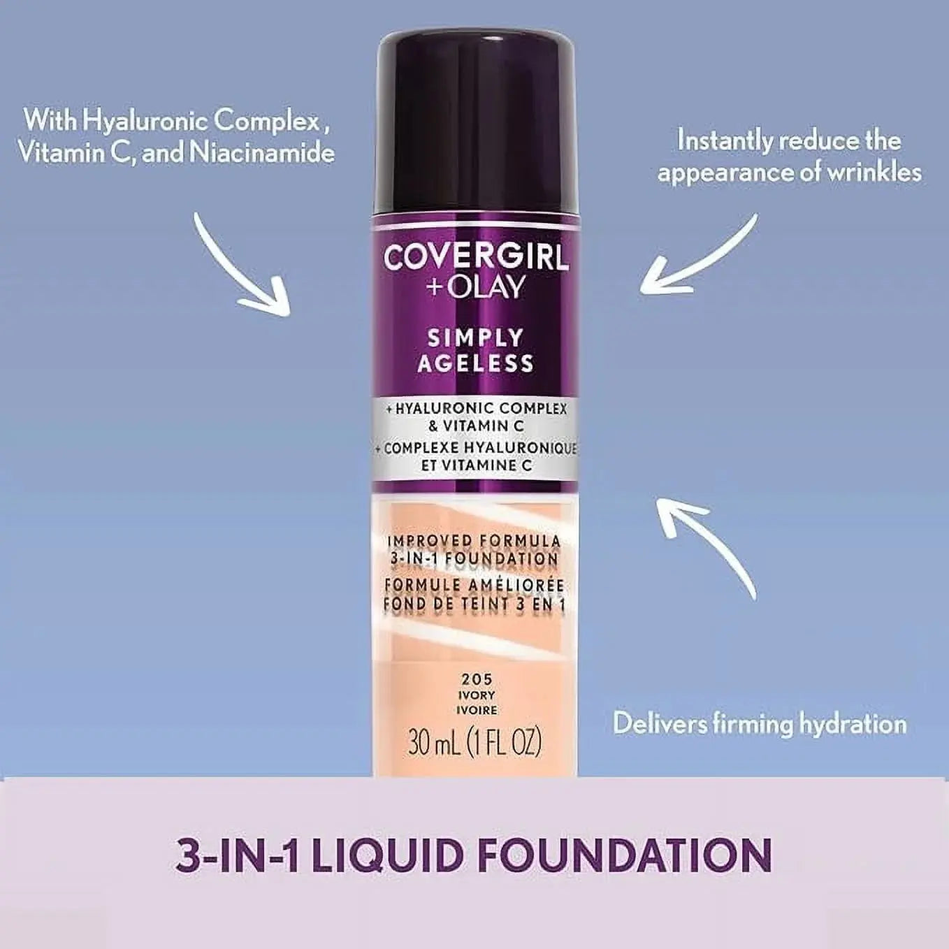 OLAY Simply Ageless 3-in-1 Liquid Foundation, 225 Buff Beige – Hydrating Anti-Aging Makeup, Smooth Coverage, 1 Fl Oz