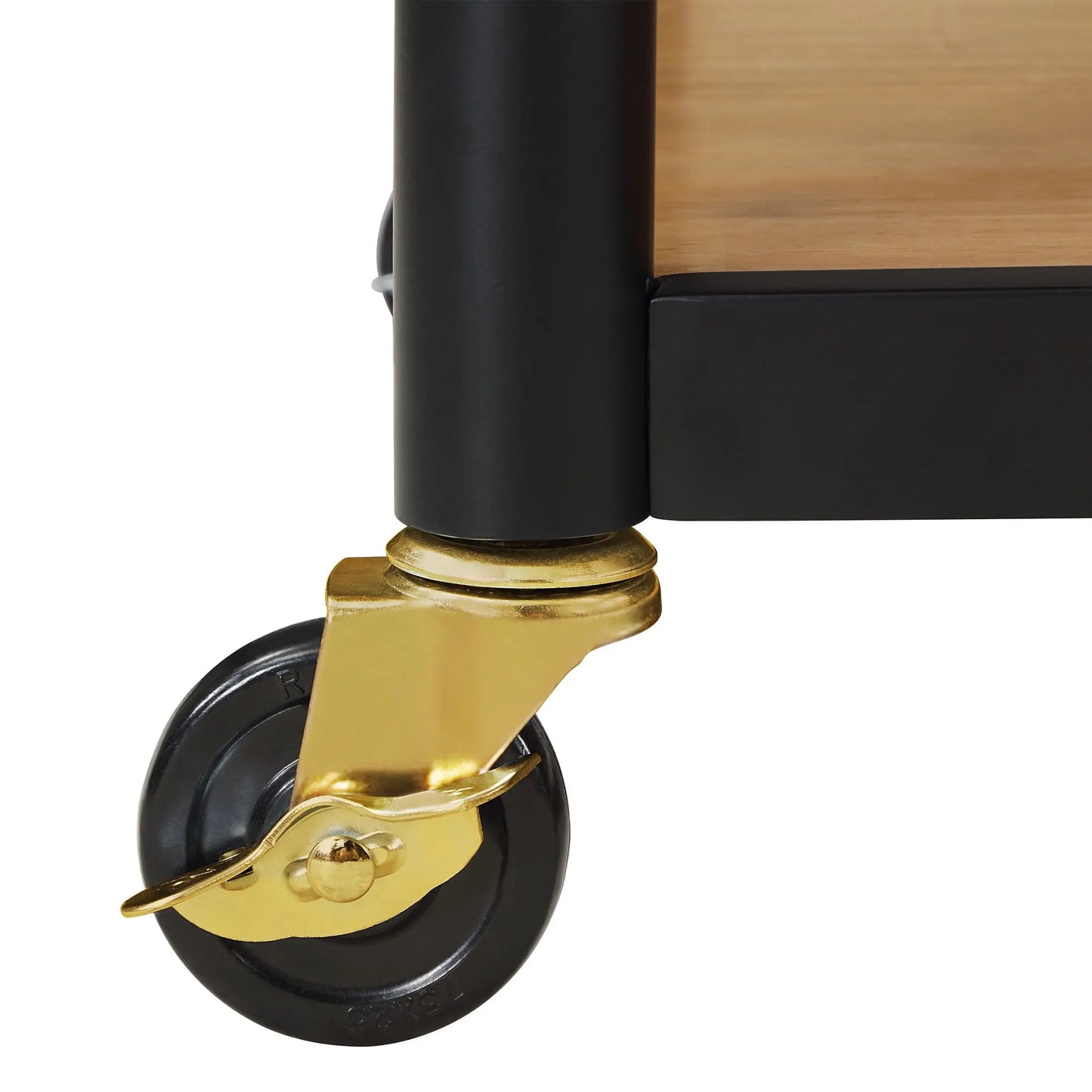 Drew Barrymore Rolling Kitchen Island Cart with 2 Shelves, Rubberwood Top, Black Metal Frame