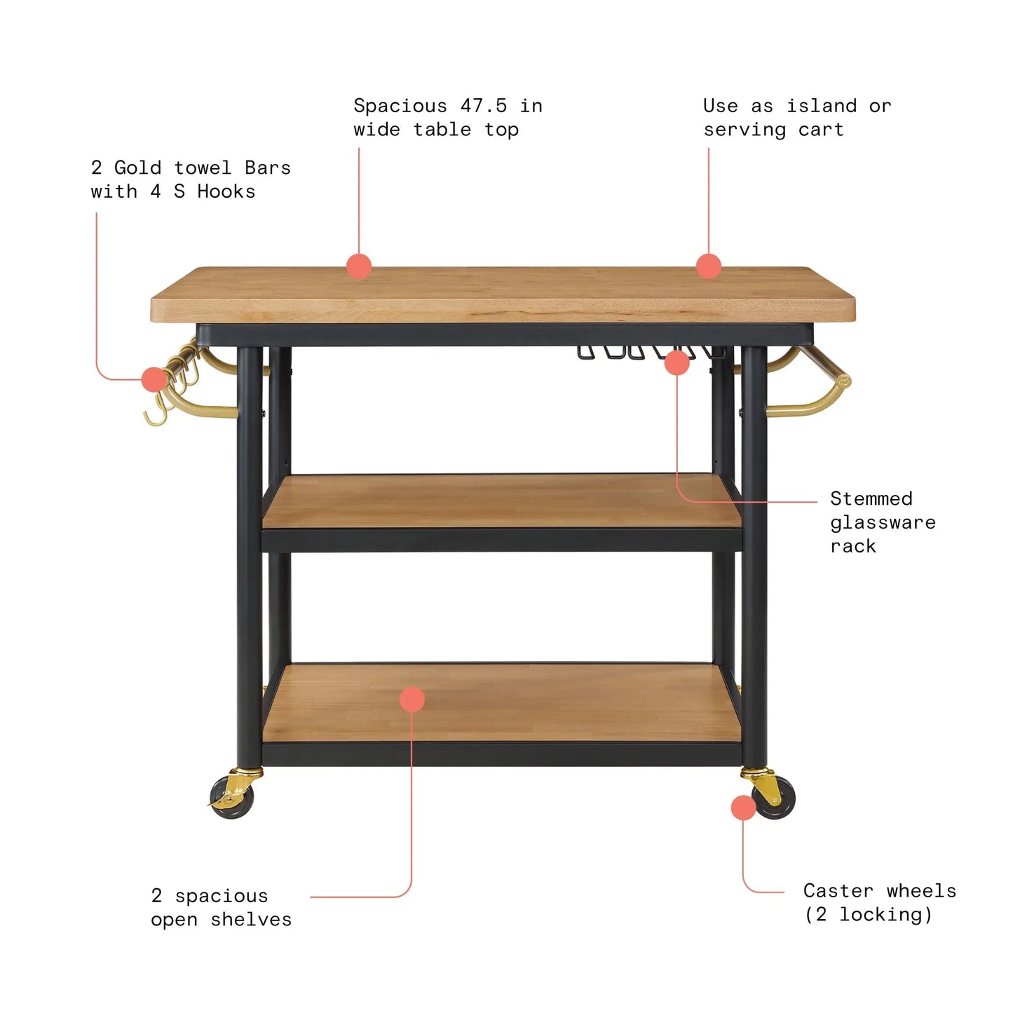 Drew Barrymore Rolling Kitchen Island Cart with 2 Shelves, Rubberwood Top, Black Metal Frame